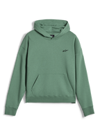 Sweat à capuche Alpinestars Essentials Ageless, pullover streetwear décontracté, vert Cactus avec finition délavée, petit logo Alpinestars noir sur la poitrine, poche kangourou à l'avant, poignets et ourlet côtelés, molleton de qualité supérieure