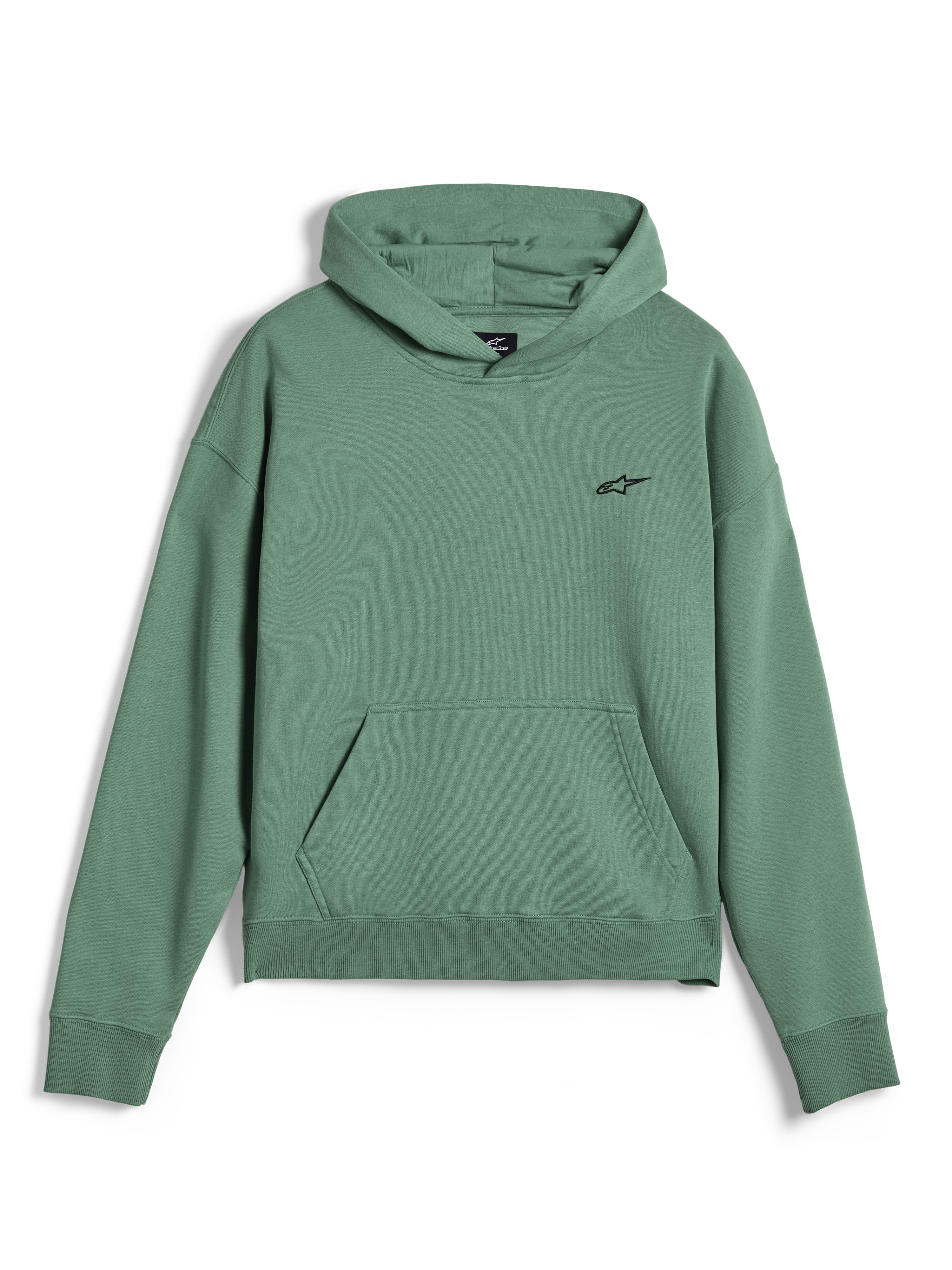 Sweat à capuche Alpinestars Essentials Ageless, pullover streetwear décontracté, vert Cactus avec finition délavée, petit logo Alpinestars noir sur la poitrine, poche kangourou à l'avant, poignets et ourlet côtelés, molleton de qualité supérieure