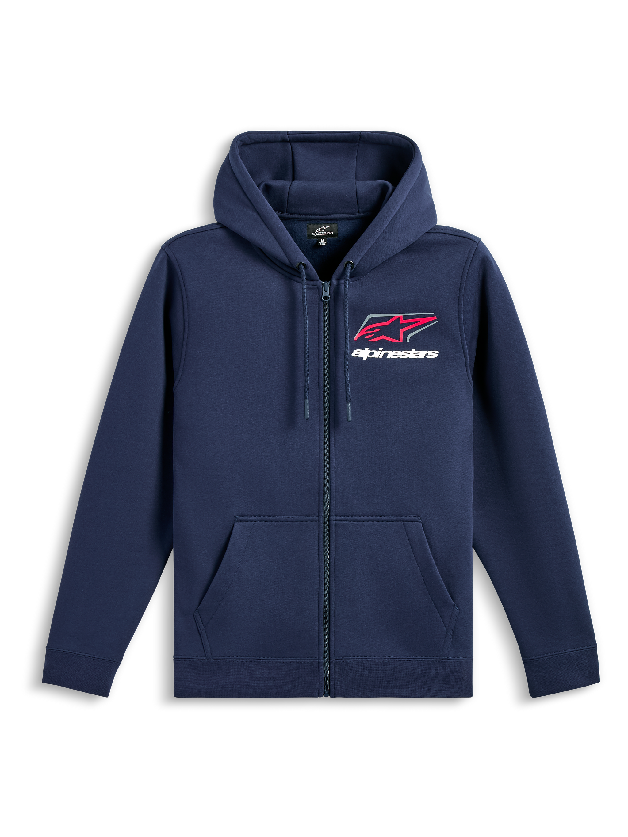 Alpinestars Formulation Hoodie, casual sportswear, navy blue with red and white chest logo, full-zip front, drawstring hood, long sleeves, ribbed cuffs and hem
