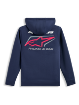 Alpinestars Formulation Hoodie, back view, Navy Blue, large pink Alpinestars star logo with grey border and white 'RACING AHEAD' text, casual motorsport-inspired streetwear