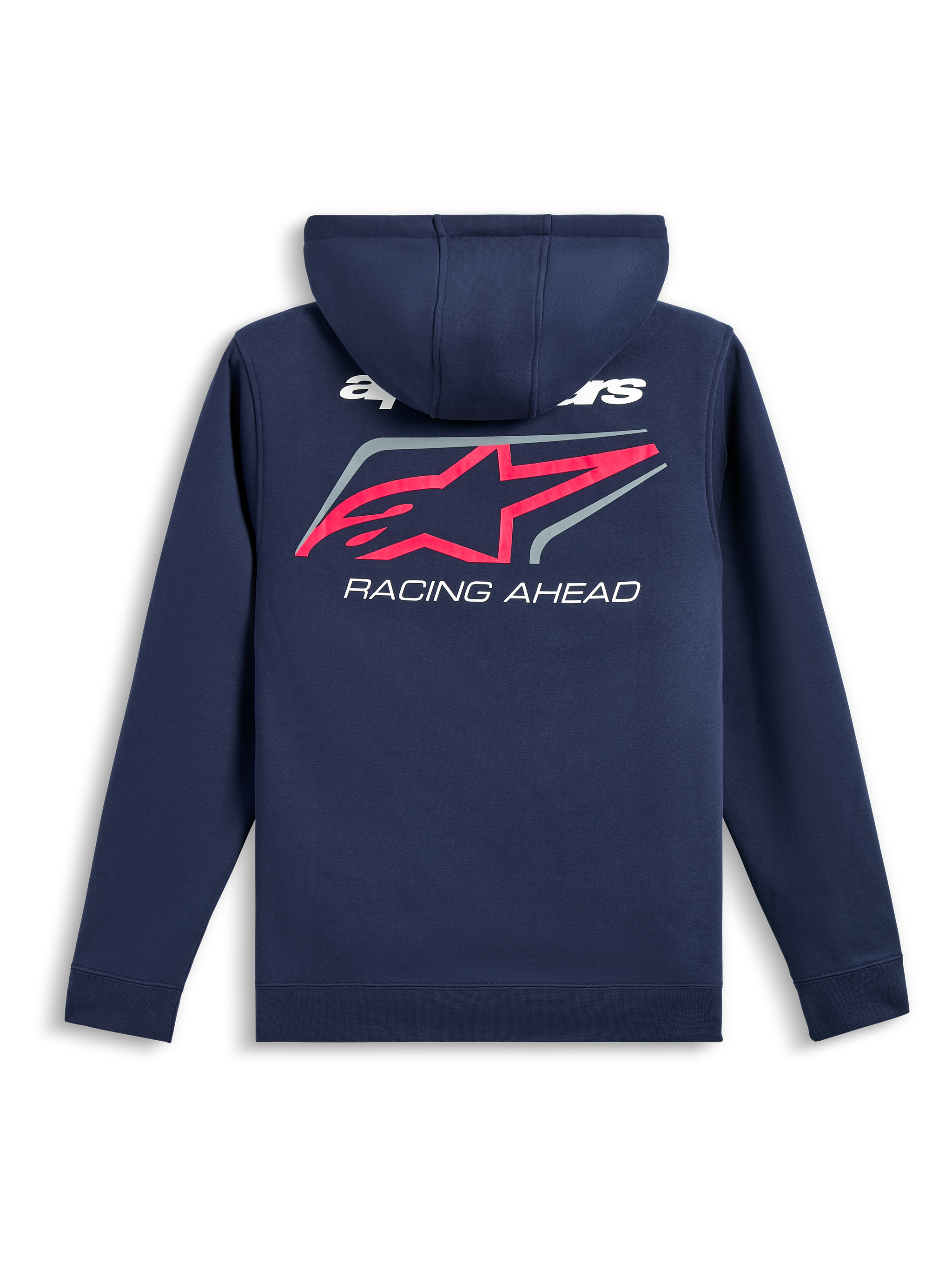Alpinestars Formulation Hoodie, back view, Navy Blue, large pink Alpinestars star logo with grey border and white 'RACING AHEAD' text, casual motorsport-inspired streetwear
