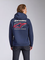 Alpinestars Formulation Hoodie, Navy Blue, back view featuring white Alpinestars branding, large red A-stars logo with grey accents, and 'RACING AHEAD' text, casual motorsport streetwear