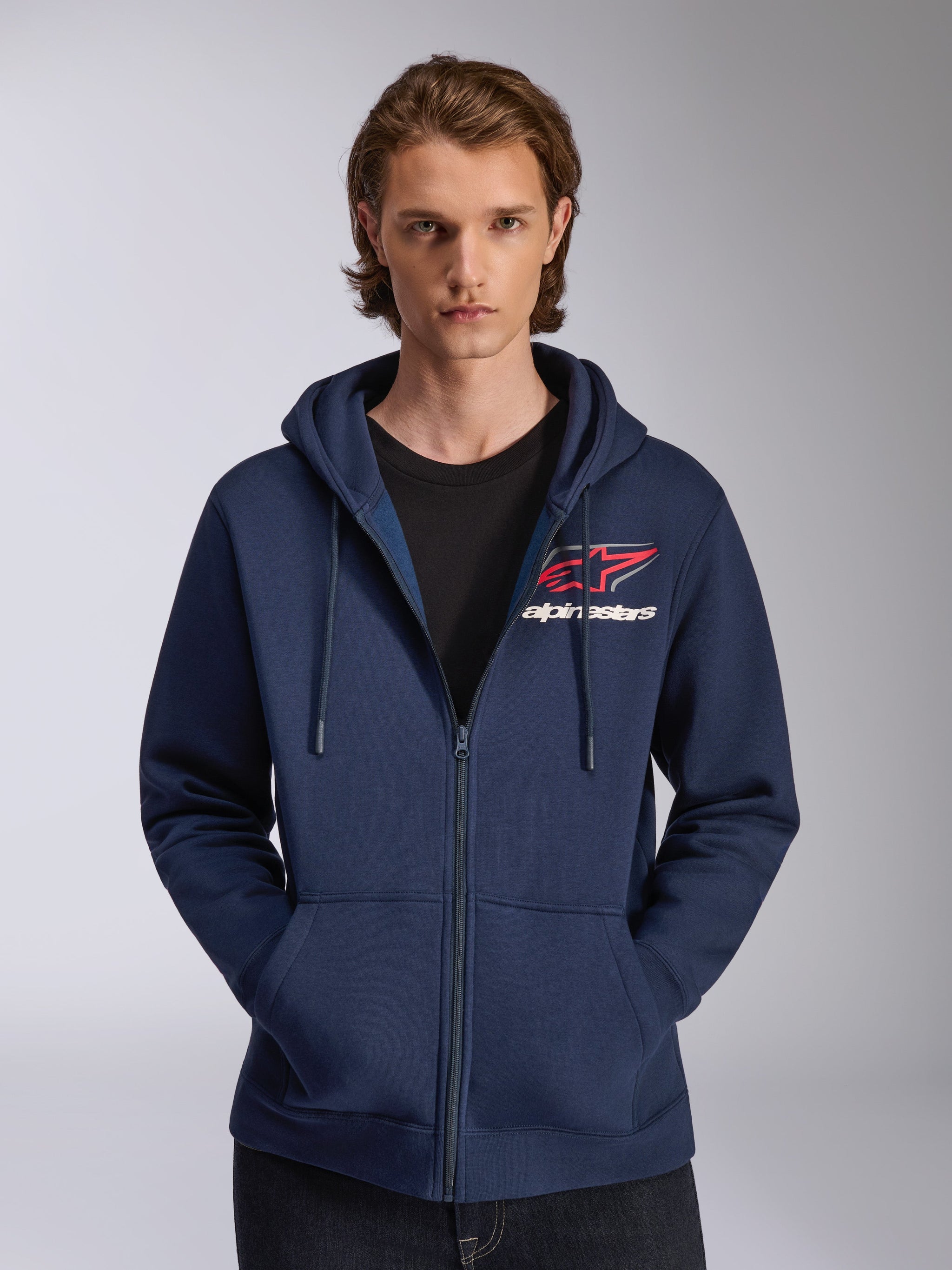 Alpinestars Formulation Hoodie, Zip Front Hoodie, Navy Blue, Red and White Chest Logo, Drawstring Hood, Casual Motorsport-inspired Design