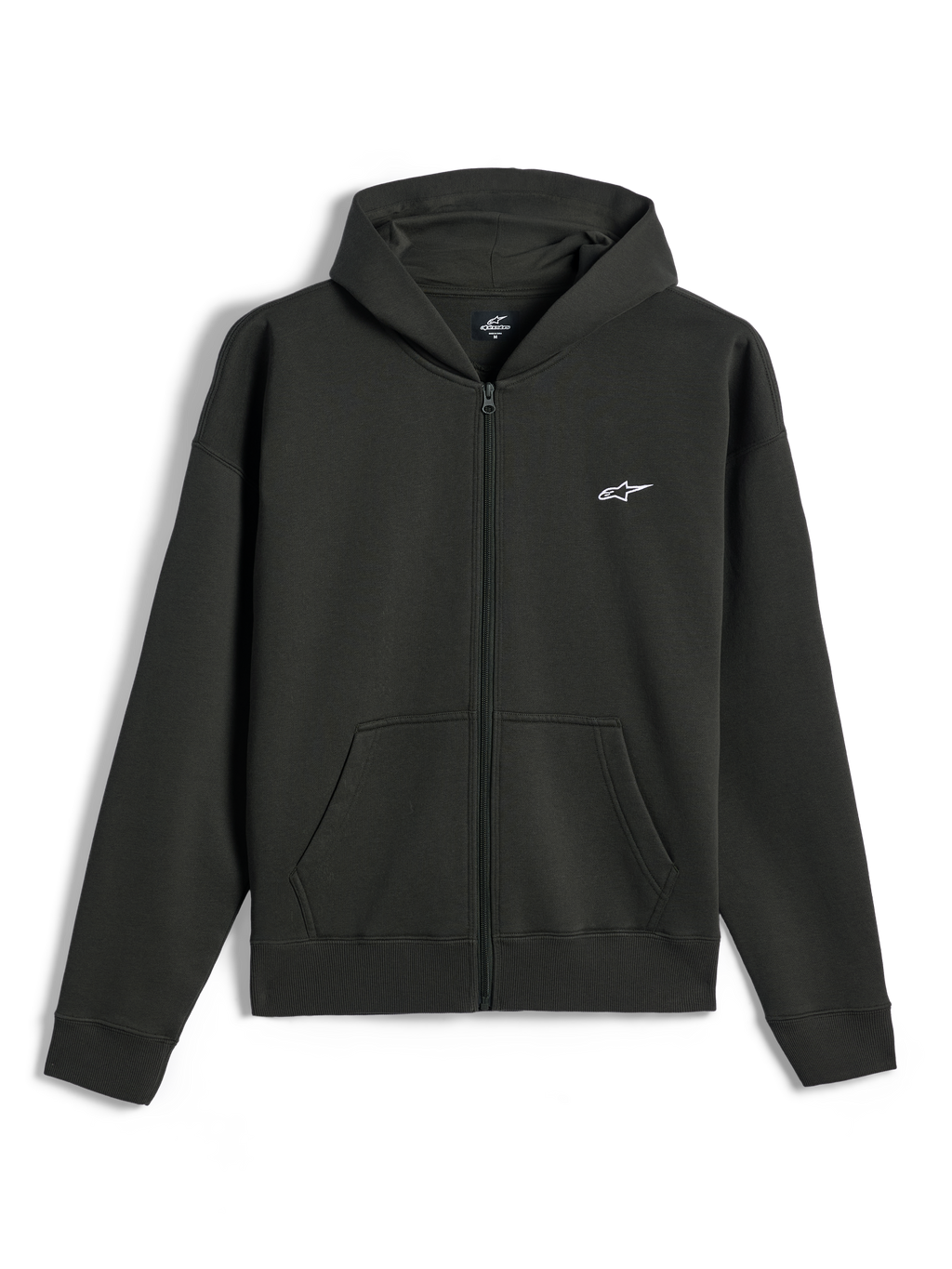 Sweat à capuche zippé Alpinestars Essentials Ageless, sweat en polaire entièrement zippé, Off Black, petit logo Alpinestars blanc sur la poitrine gauche, style streetwear décontracté, avec poches avant et poignets côtelés