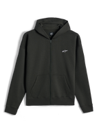 Sweat à capuche zippé Alpinestars Essentials Ageless, sweat en polaire entièrement zippé, Off Black, petit logo Alpinestars blanc sur la poitrine gauche, style streetwear décontracté, avec poches avant et poignets côtelés