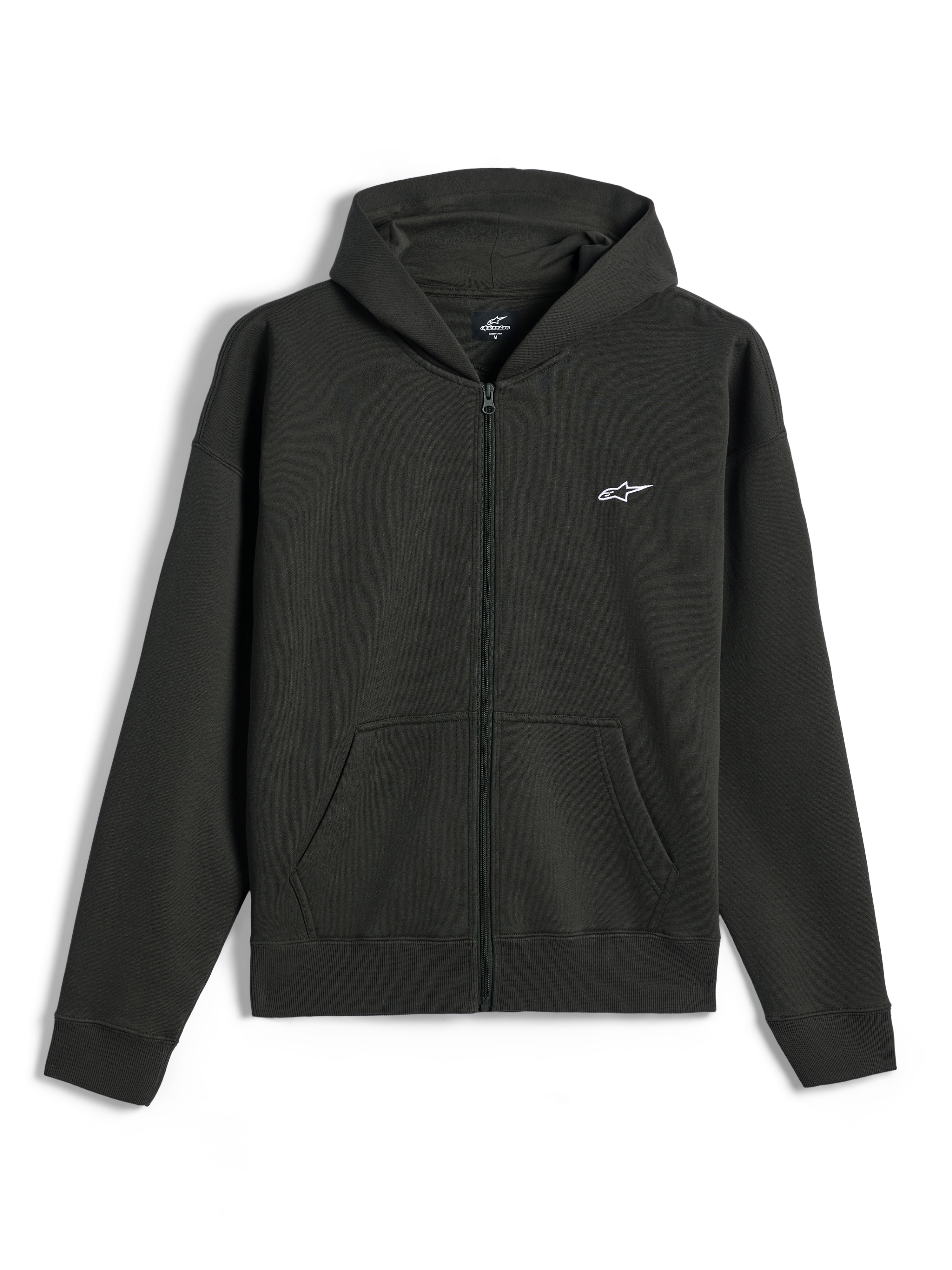 Sweat à capuche zippé Alpinestars Essentials Ageless, sweat en polaire entièrement zippé, Off Black, petit logo Alpinestars blanc sur la poitrine gauche, style streetwear décontracté, avec poches avant et poignets côtelés