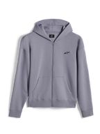 Sweat à capuche zippé Alpinestars Essentials Ageless, streetwear décontracté, argent, petit logo Alpinestars noir sur la poitrine, fermeture éclair intégrale avec poches kangourou, poignets et ourlet côtelés, design minimaliste inspiré des sports mécaniques