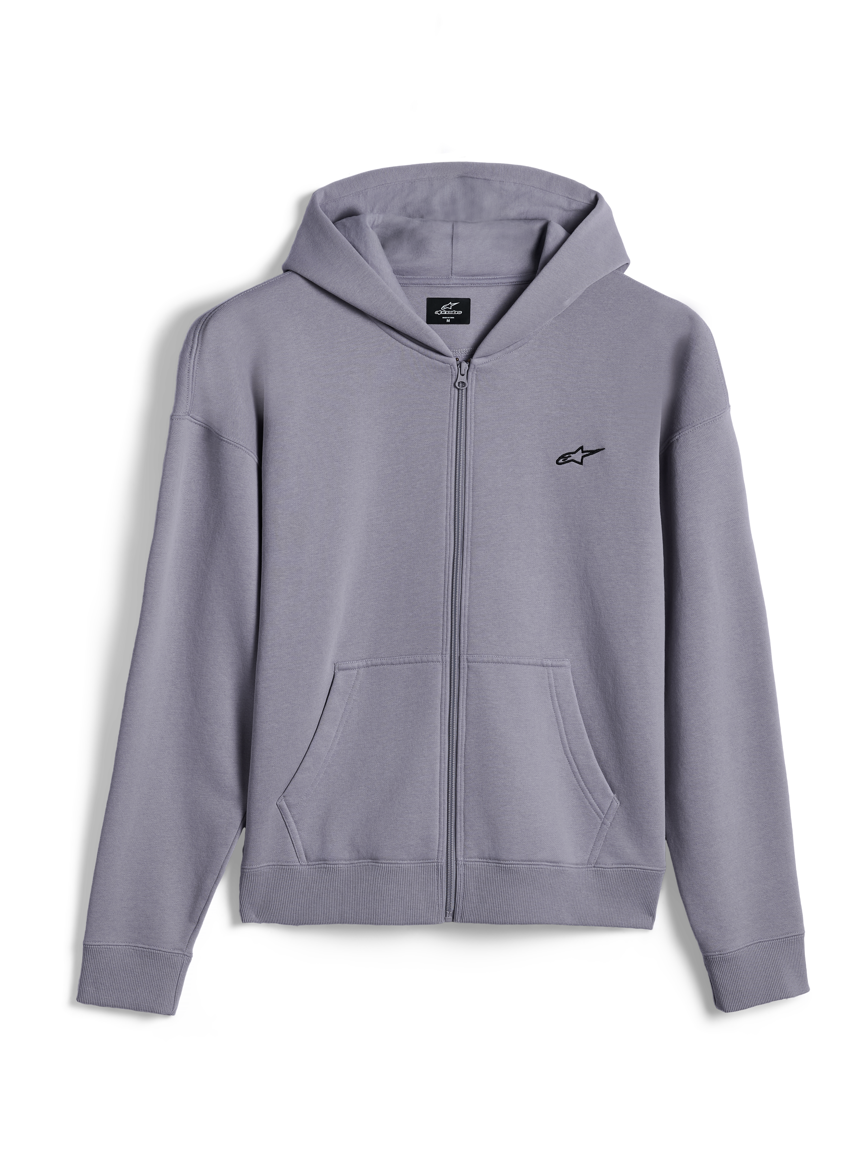 Sweat à capuche zippé Alpinestars Essentials Ageless, streetwear décontracté, argent, petit logo Alpinestars noir sur la poitrine, fermeture éclair intégrale avec poches kangourou, poignets et ourlet côtelés, design minimaliste inspiré des sports mécaniques