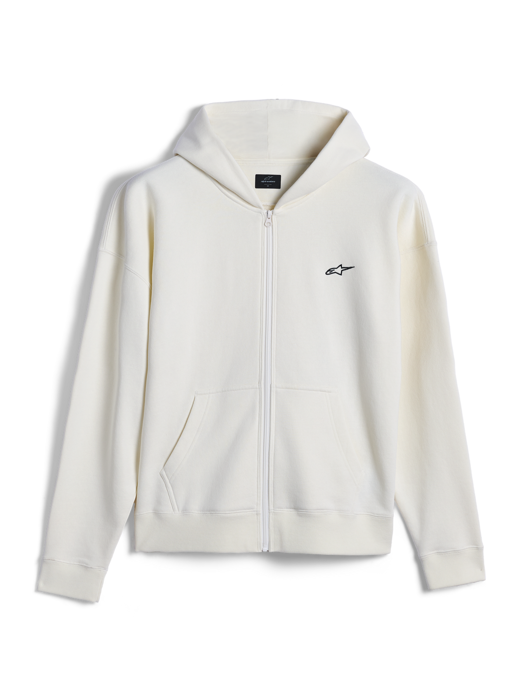 Sweat à capuche zippé Alpinestars Essentials Ageless, streetwear décontracté, blanc cassé avec petit logo Alpinestars noir, fermeture éclair intégrale, poche kangourou fendue, coupe décontractée, conception en polaire compacte premium