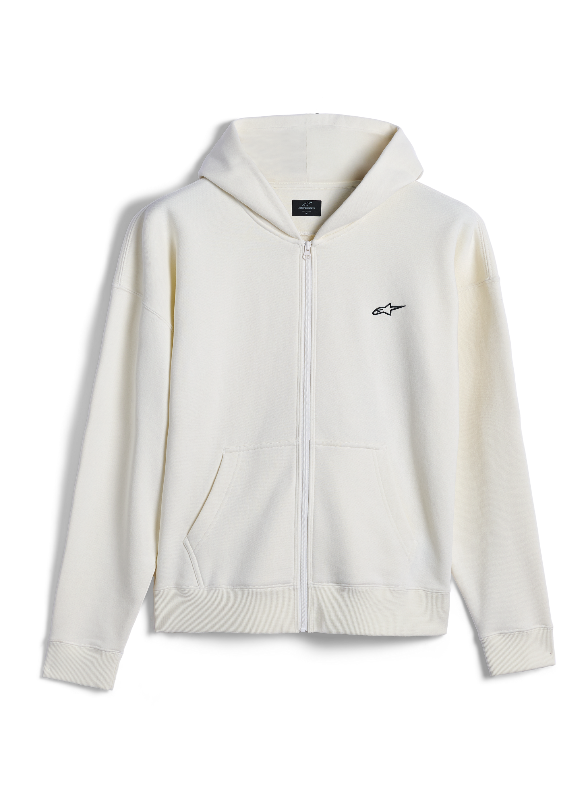 Alpinestars Essentials Ageless Zip Hoodie, casual streetwear, off-white with small black Alpinestars logo, full-zip front, split kangaroo pocket, relaxed fit, premium compact fleece design