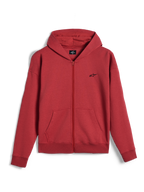 Alpinestars Essentials Ageless Zip Hoodie, sweat à capuche entièrement zippé, rouge brique, petit logo Alpinestars noir sur la poitrine, streetwear motorsport décontracté, poignets et ourlet côtelés