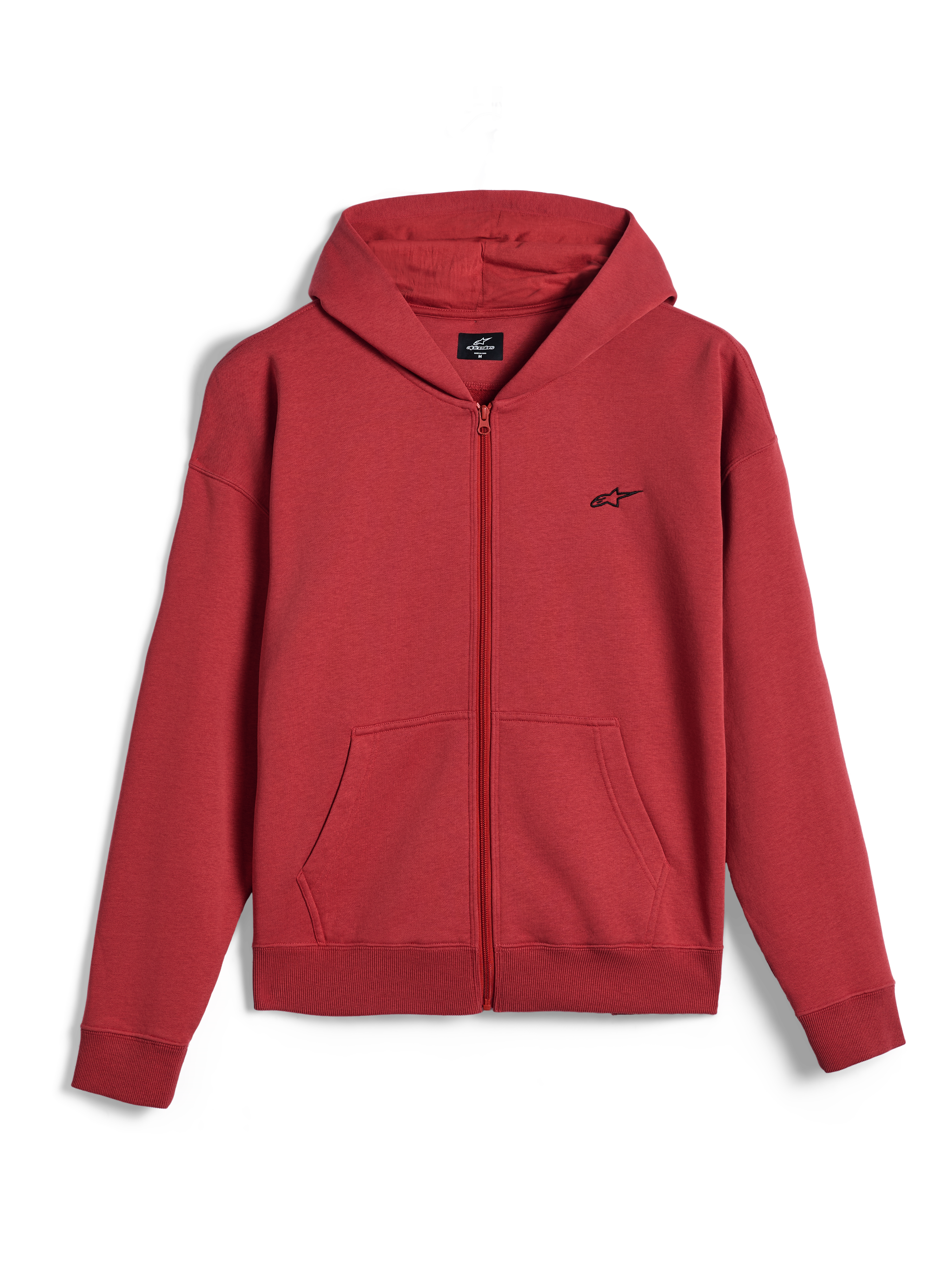 Alpinestars Essentials Ageless Zip Hoodie, sweat à capuche entièrement zippé, rouge brique, petit logo Alpinestars noir sur la poitrine, streetwear motorsport décontracté, poignets et ourlet côtelés