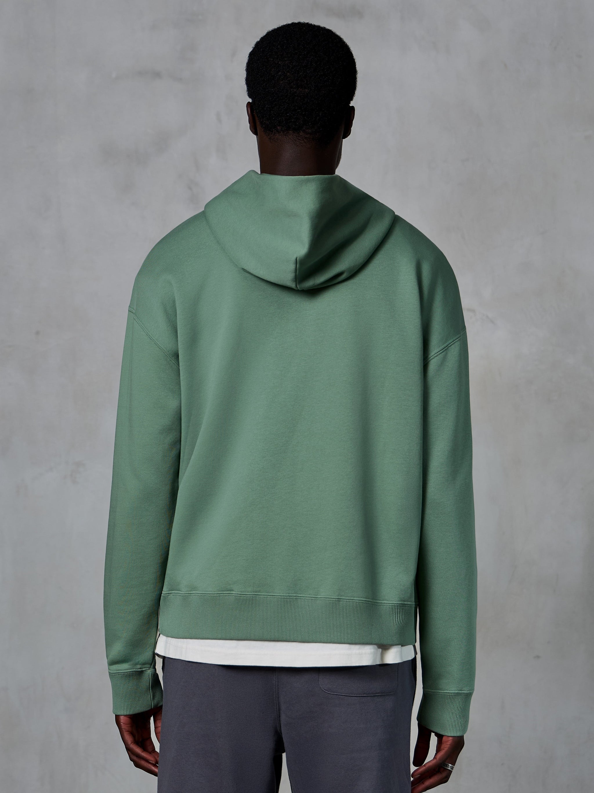 Sweat à capuche zippé Alpinestars Essentials Ageless, vue de dos sur modèle, vert Cactus, streetwear décontracté inspiré du sport automobile, coupe décontractée avec ourlet et poignets côtelés, polaire compacte de haute qualité