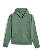 Sweat à capuche zippé Alpinestars Essentials Ageless, streetwear décontracté, vert Cactus avec petit logo Alpinestars noir, fermeture éclair intégrale, poches kangourou séparées, poignets et ourlet côtelés, design inspiré du sport automobile