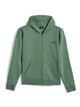 Sweat à capuche zippé Alpinestars Essentials Ageless, streetwear décontracté, vert Cactus avec petit logo Alpinestars noir, fermeture éclair intégrale, poches kangourou séparées, poignets et ourlet côtelés, design inspiré du sport automobile
