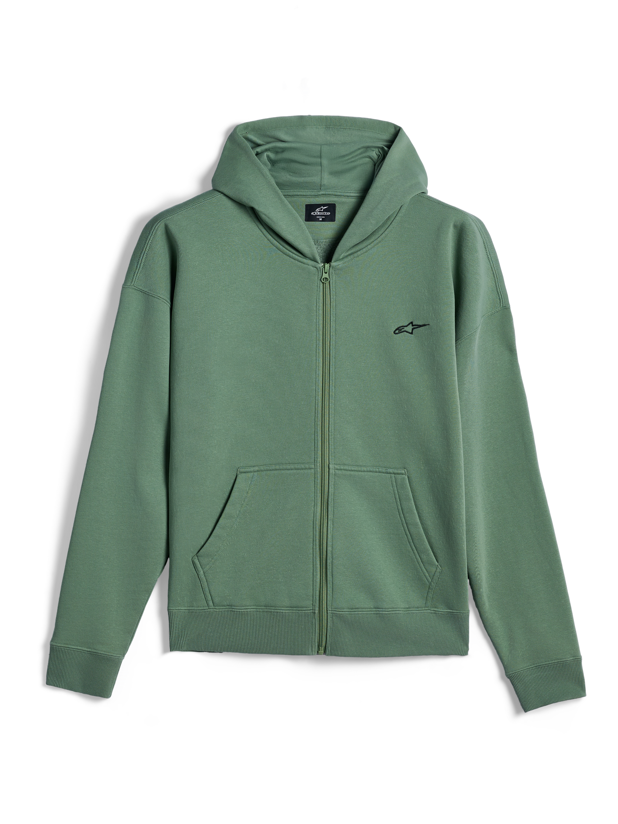 Sweat à capuche zippé Alpinestars Essentials Ageless, streetwear décontracté, vert Cactus avec petit logo Alpinestars noir, fermeture éclair intégrale, poches kangourou séparées, poignets et ourlet côtelés, design inspiré du sport automobile