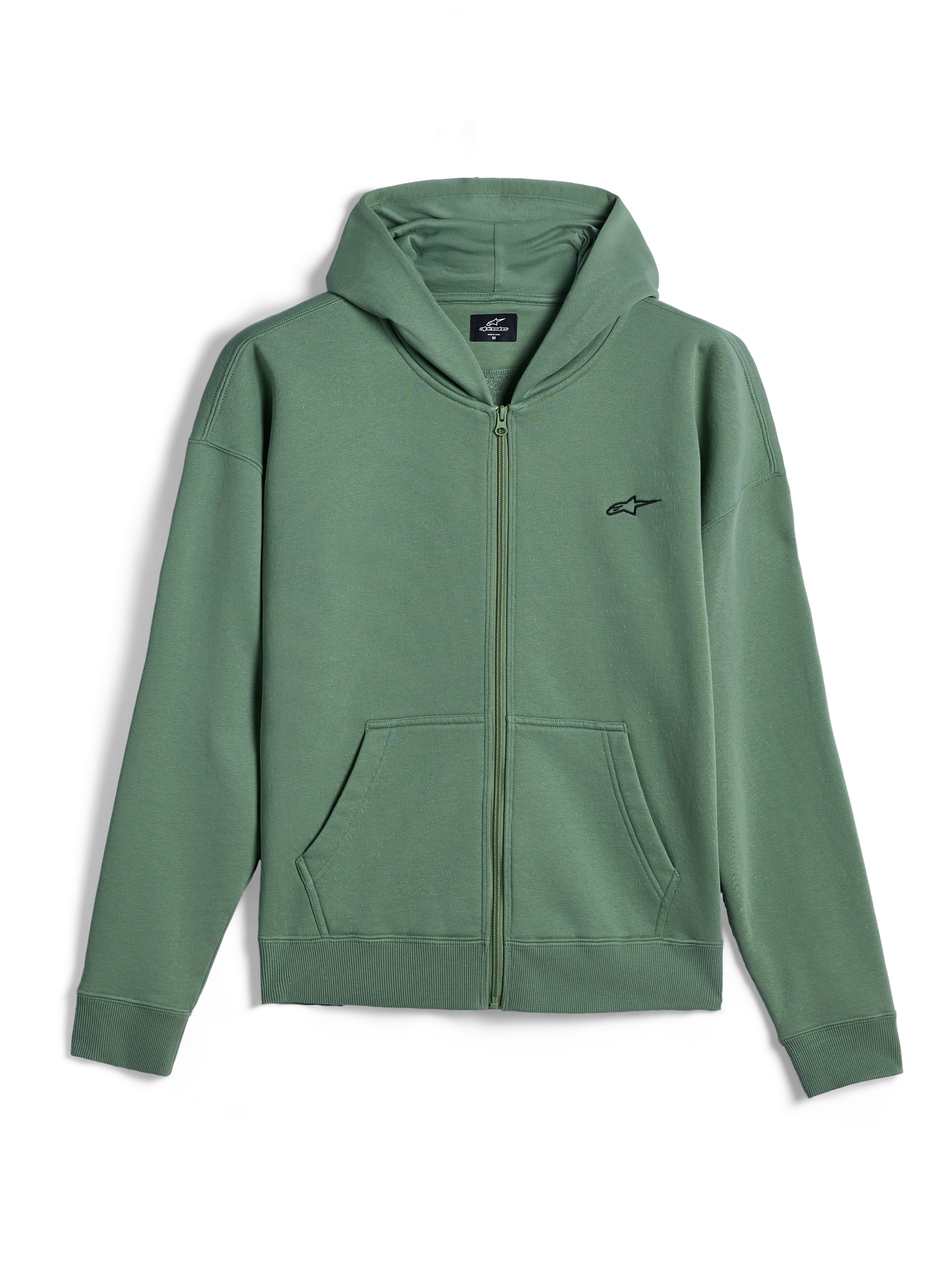 Sweat à capuche zippé Alpinestars Essentials Ageless, streetwear décontracté, vert Cactus avec petit logo Alpinestars noir, fermeture éclair intégrale, poches kangourou séparées, poignets et ourlet côtelés, design inspiré du sport automobile