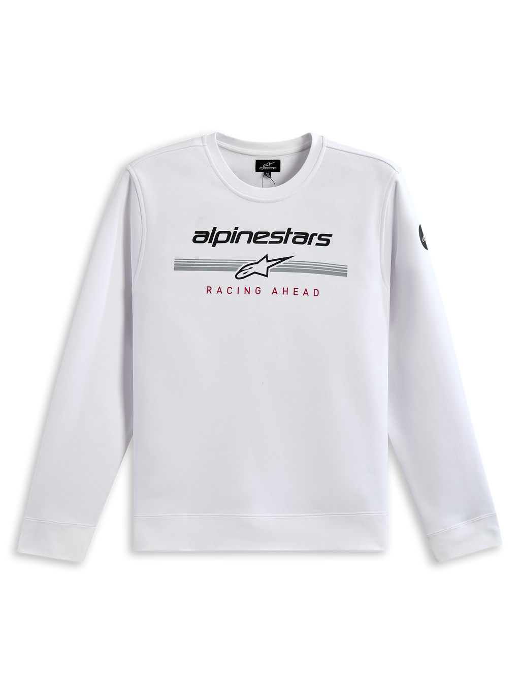Sweatshirt Alpinestars Bettern Crew, blanc, avec marquage Alpinestars noir, bandes de course grises et logo étoile blanc, imprimé 'RACING AHEAD' rouge, streetwear décontracté inspiré du sport automobile