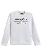Sweatshirt Alpinestars Bettern Crew, blanc, avec marquage Alpinestars noir, bandes de course grises et logo étoile blanc, imprimé 'RACING AHEAD' rouge, streetwear décontracté inspiré du sport automobile
