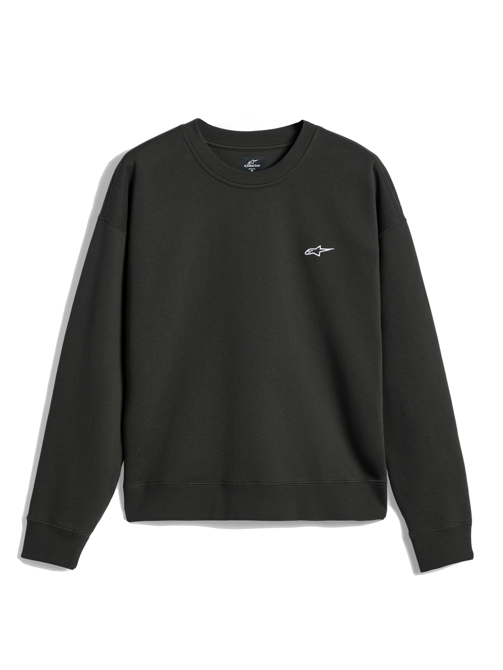 Alpinestars Essentials Ageless Crew, sweat-shirt à col rond, noir délavé, petit logo A-star blanc sur la poitrine, col, poignets et ourlet côtelés, streetwear décontracté en molleton de qualité supérieure
