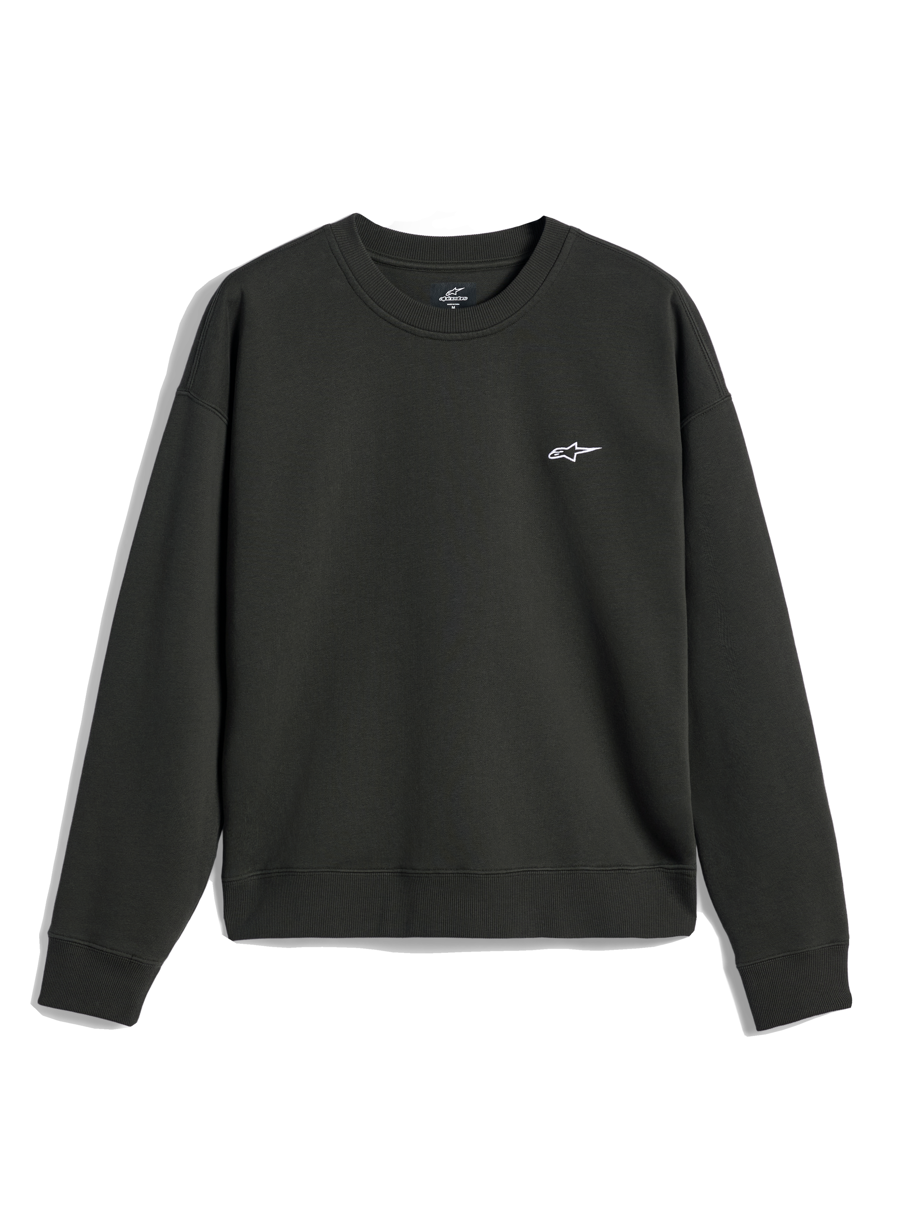 Alpinestars Essentials Ageless Crew, sweat-shirt à col rond, noir délavé, petit logo A-star blanc sur la poitrine, col, poignets et ourlet côtelés, streetwear décontracté en molleton de qualité supérieure