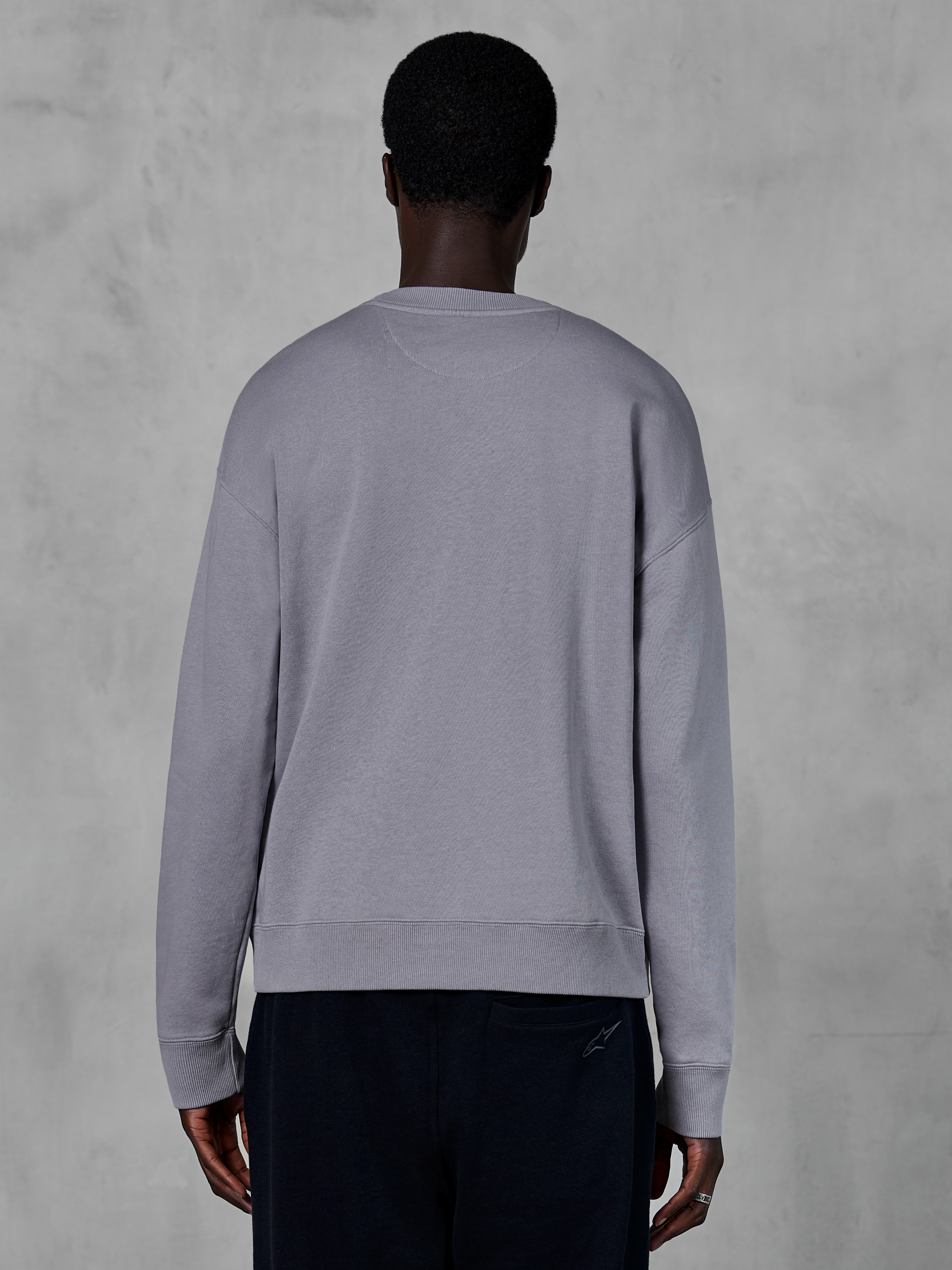 Alpinestars Essentials Ageless Crew, sweat-shirt à col rond, argent, vue de dos, polaire compacte premium, coupe décontractée avec poignets et ourlet côtelés, streetwear décontracté inspiré du sport automobile