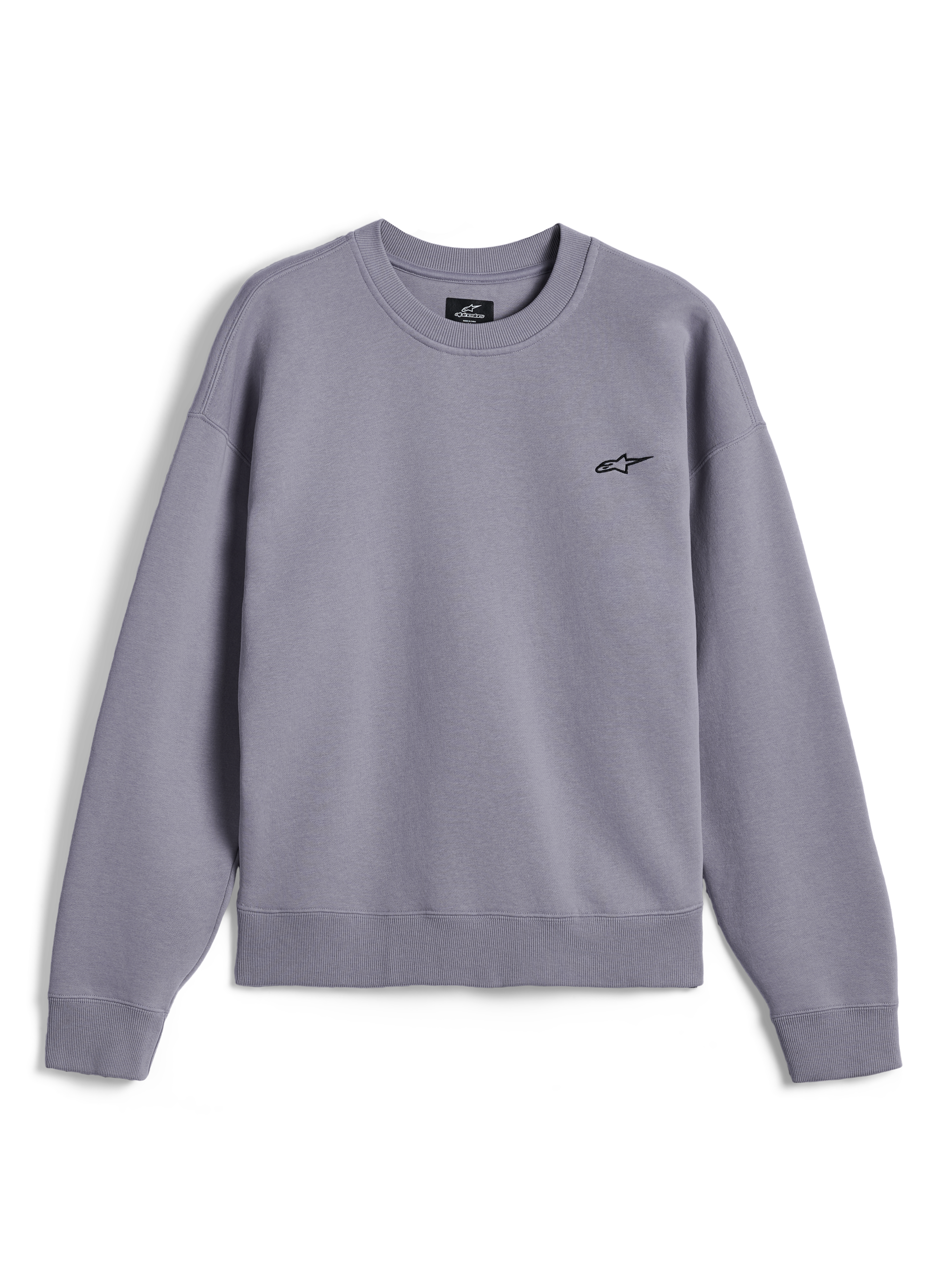 Alpinestars Essentials Ageless Crew, premium crewneck sweatshirt, Silver, featuring a small black Astar logo on the chest, ribbed collar, cuffs, and hem, casual motorsport-inspired streetwear