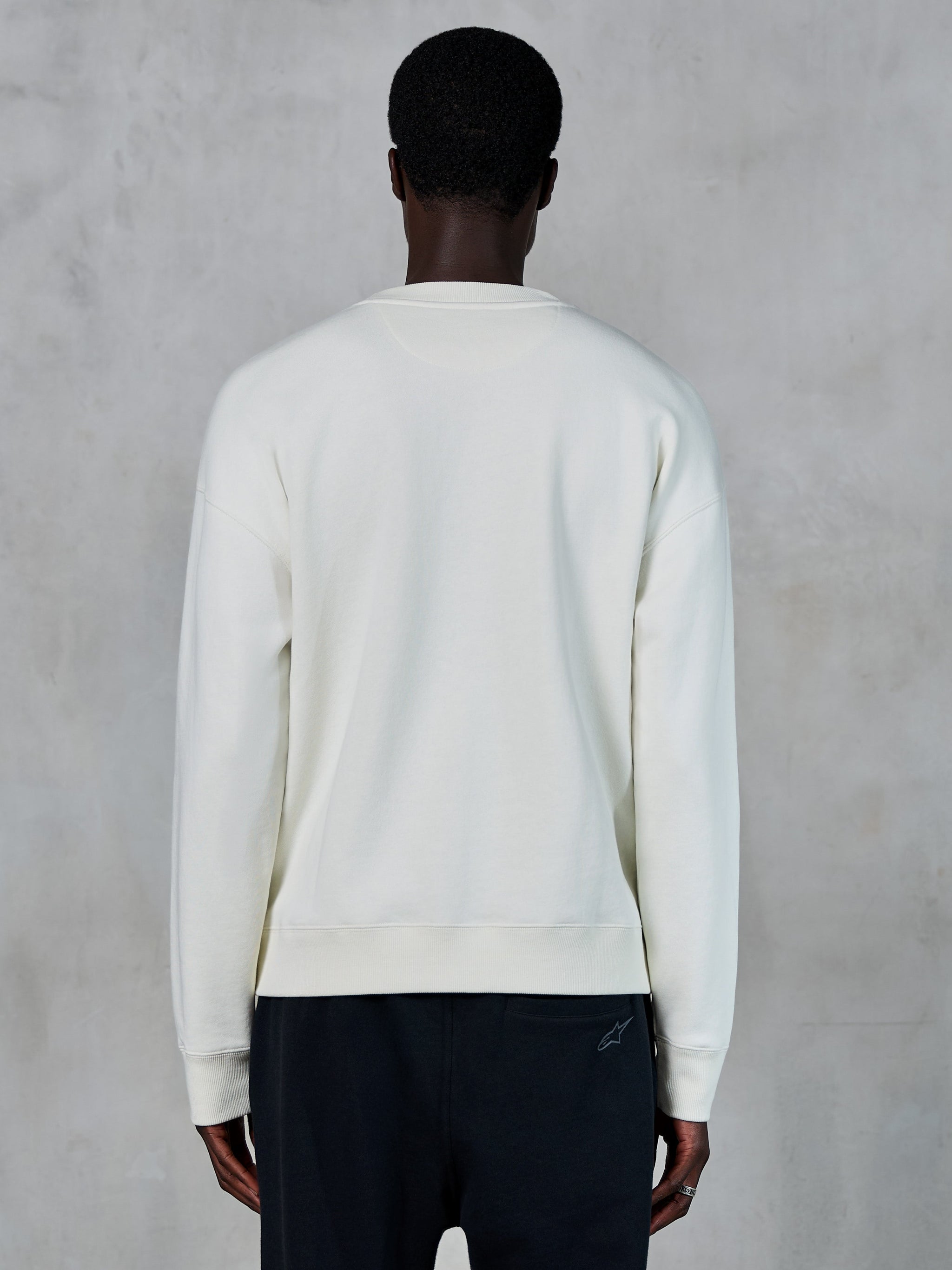 Alpinestars Essentials Ageless Crew, Off White crewneck sweatshirt, Rear view, casual sportswear, featuring ribbed cuffs and hem, clean design with relaxed fit, premium soft fleece material
