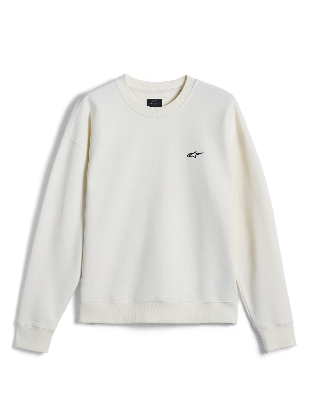 Alpinestars Essentials Ageless Crew, sweat-shirt à col rond, blanc cassé, petit logo Alpinestars noir sur la poitrine, col, poignets et ourlet côtelés, streetwear décontracté inspiré du sport automobile
