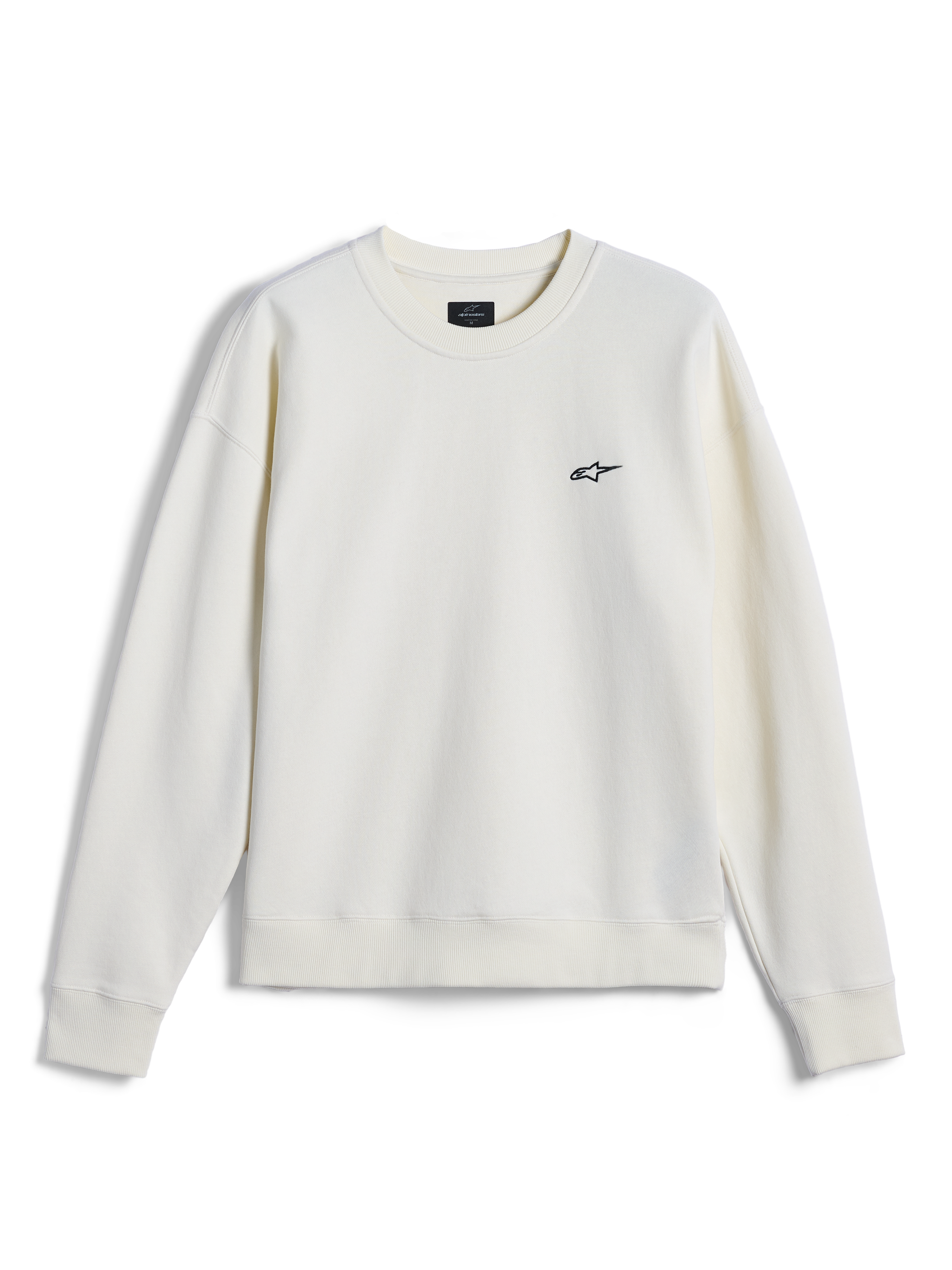 Alpinestars Essentials Ageless Crew, sweat-shirt à col rond, blanc cassé, petit logo Alpinestars noir sur la poitrine, col, poignets et ourlet côtelés, streetwear décontracté inspiré du sport automobile