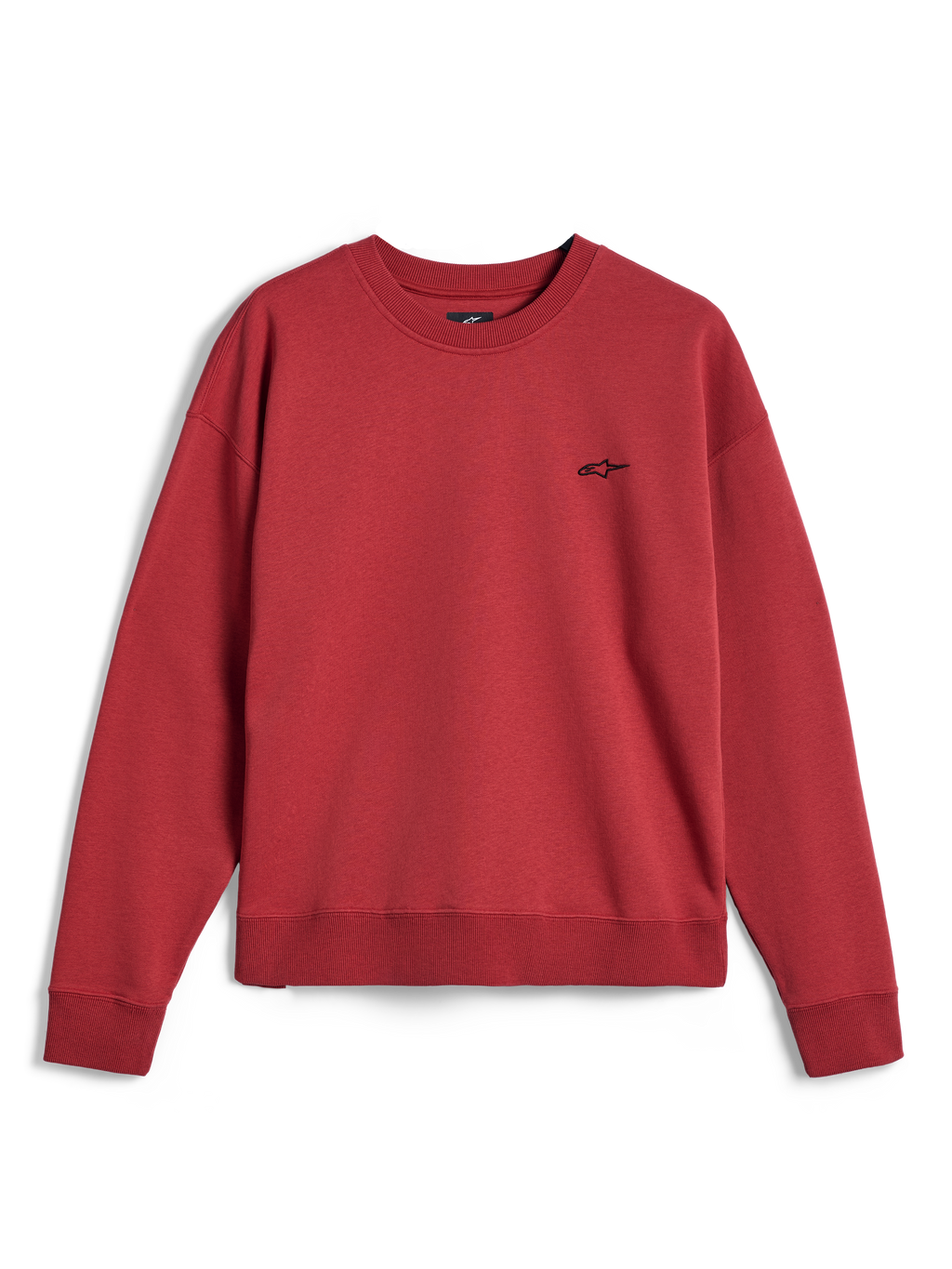 Alpinestars Essentials Ageless Crew, sweat-shirt à col rond rouge brique, avec un petit logo Alpinestars noir sur la poitrine, col, poignets et ourlet côtelés, polaire sportswear premium décontractée.