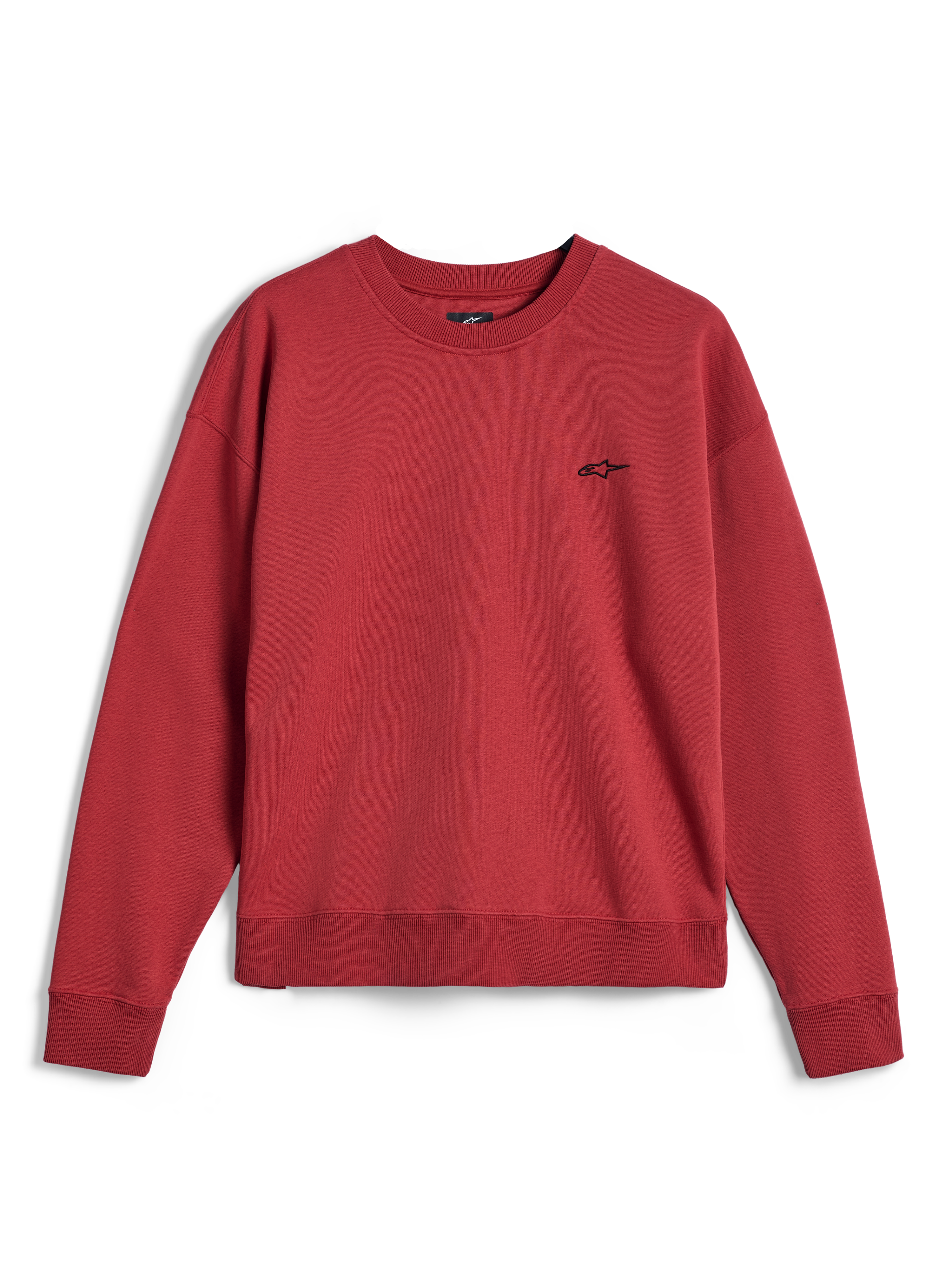 Alpinestars Essentials Ageless Crew, sweat-shirt à col rond rouge brique, avec un petit logo Alpinestars noir sur la poitrine, col, poignets et ourlet côtelés, polaire sportswear premium décontractée.