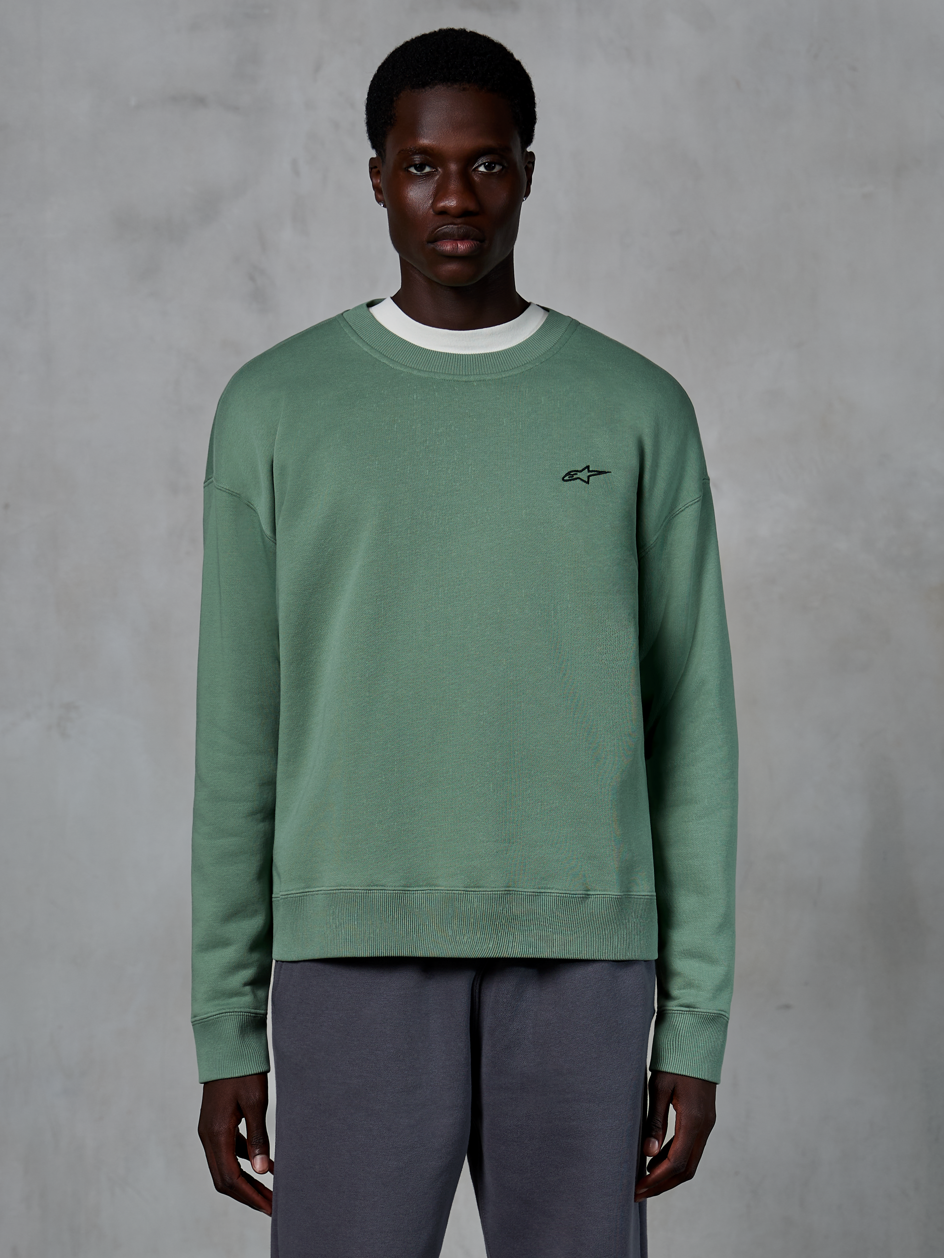 Alpinestars Essentials Ageless Crew, sweat-shirt à col rond décontracté, vert Cactus avec petit logo étoile noir sur la poitrine, col, poignets et ourlet côtelés, vêtement de sport en polaire compacte haut de gamme