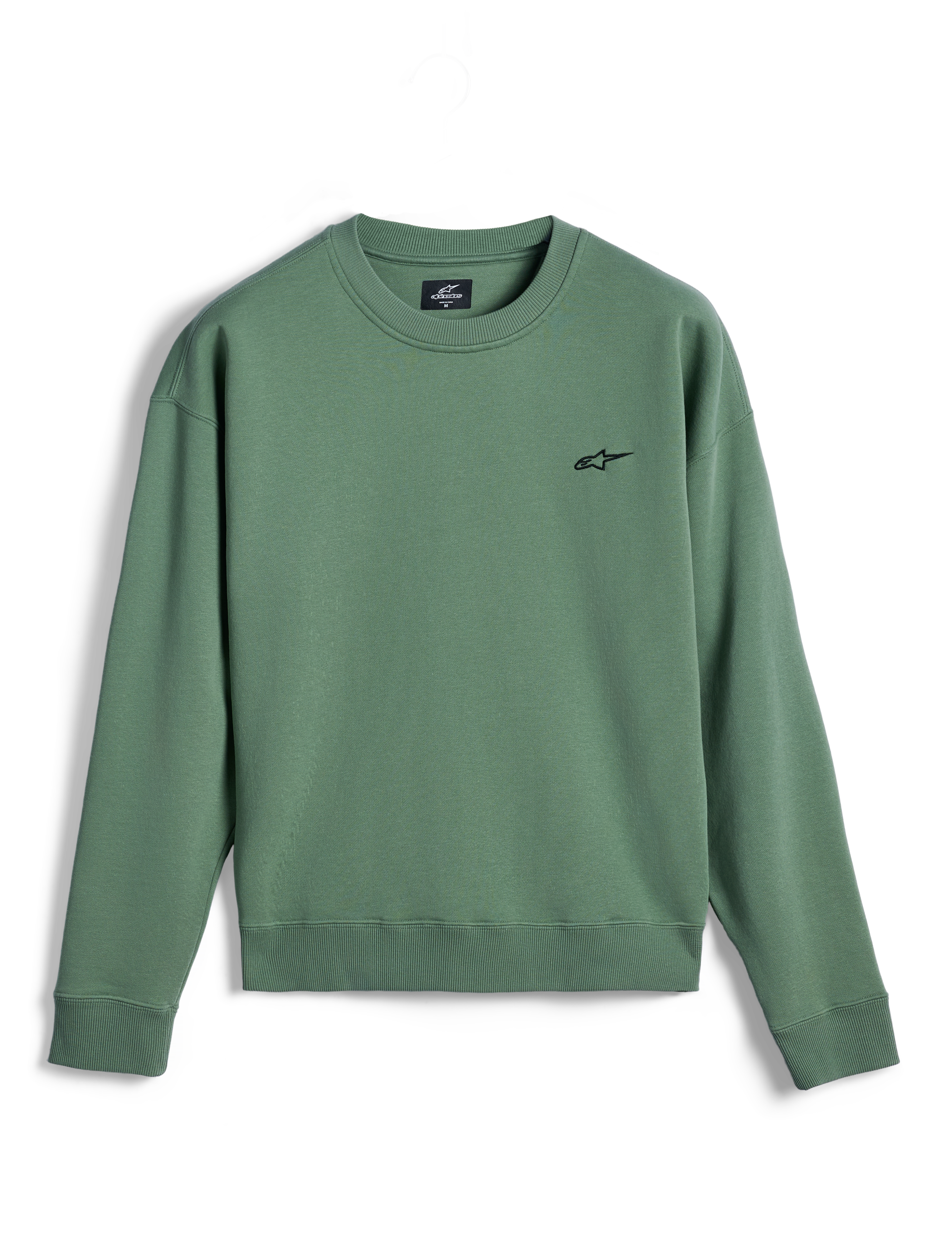 Alpinestars Essentials Ageless Crew, sweat-shirt à col rond, vert cactus, petit logo Astar noir sur la poitrine, col, poignets et ourlet côtelés, molleton de qualité supérieure, vêtements de sport décontractés hors-vélo