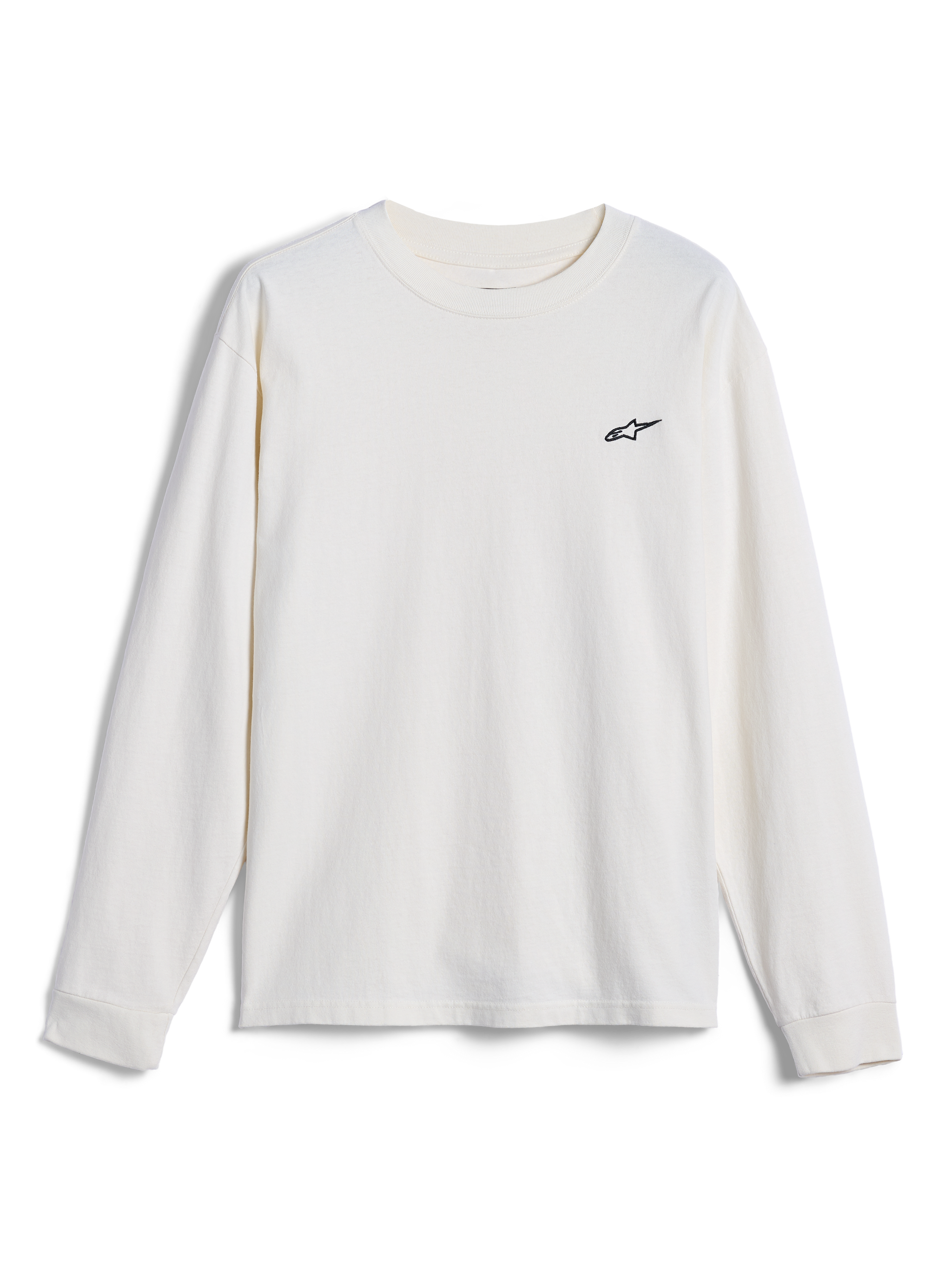 Alpinestars Essentials Ageless LS Tee, Long Sleeve T-Shirt, Off White, featuring a small black Alpinestars logo on the chest, casual motorsport-inspired streetwear