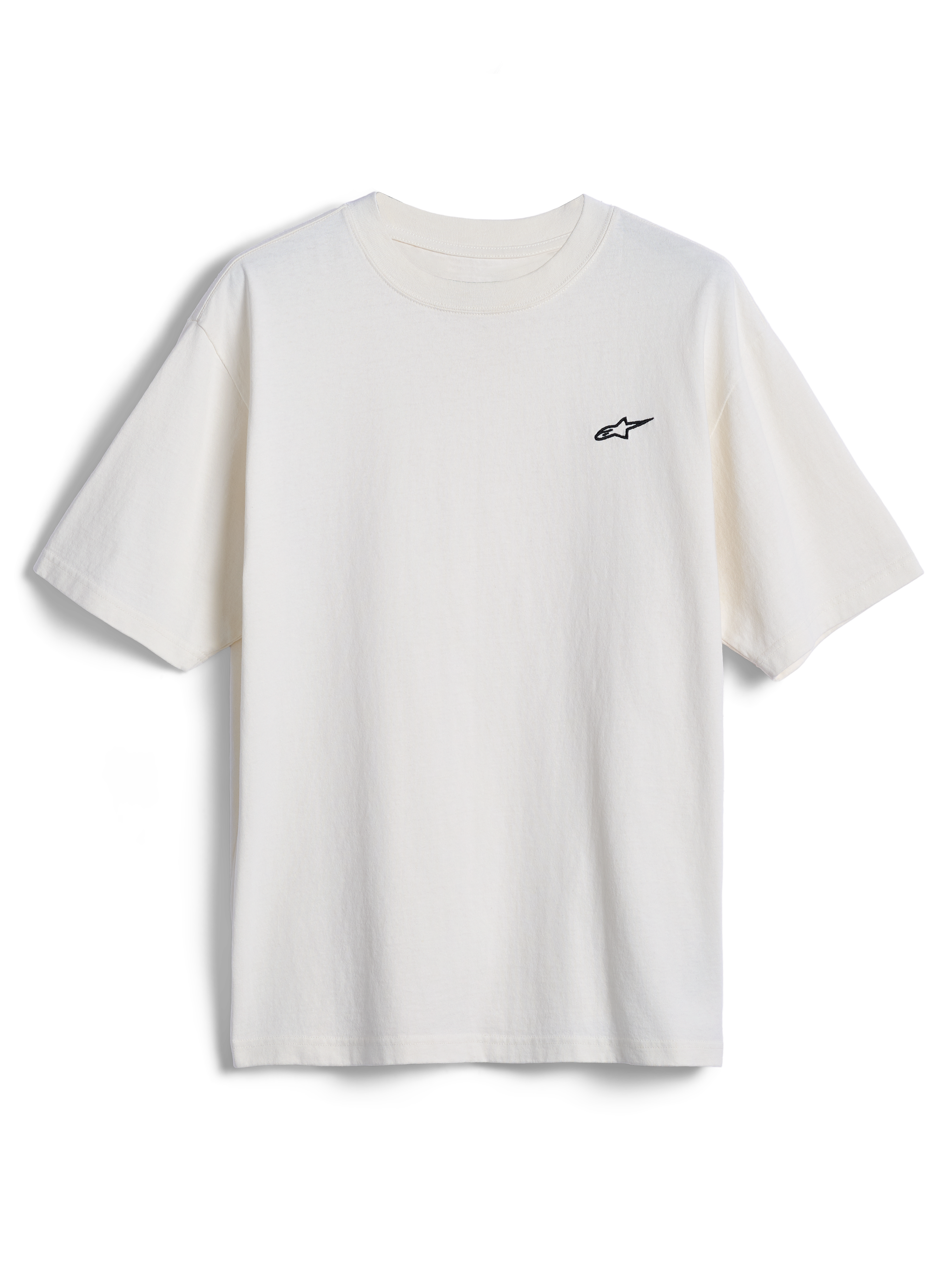 Alpinestars Essentials Ageless SS Tee, t-shirt à manches courtes, blanc cassé, petit logo étoile Alpinestars noir sur la poitrine, streetwear décontracté inspiré des sports mécaniques