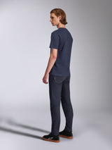 Alpinestars Collared CSF Tee, Short Sleeve T-Shirt, Navy, back and side view on model, paired with dark denim jeans and black shoes, casual motorsport-inspired streetwear