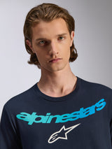 Alpinestars Collared CSF Tee, Short Sleeve T-Shirt, Navy Blue, featuring a blue and teal gradient Alpinestars logo and white star emblem, casual performance sportswear worn by a male model