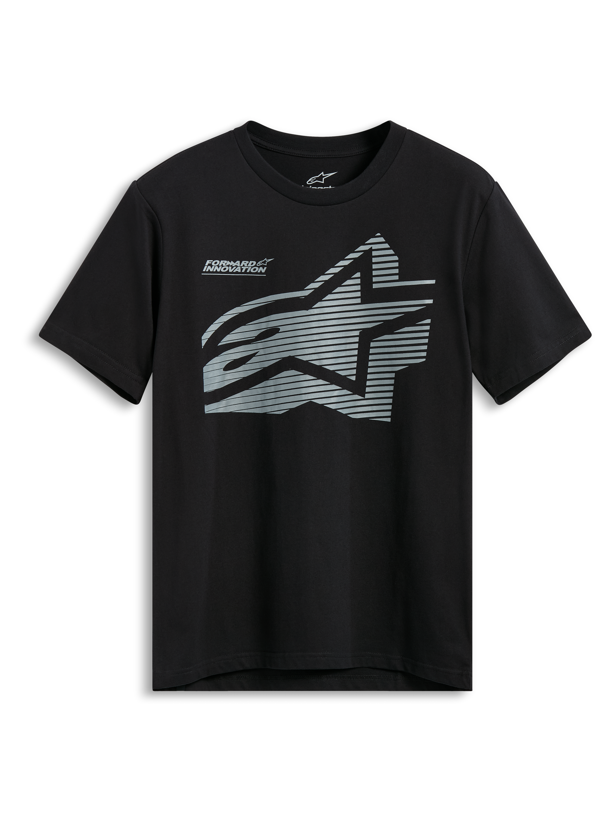 T-shirt Alpinestars Fasting CSF, t-shirt à manches courtes, noir, grand logo Astars géométrique gris avec motif à lignes horizontales et texte Forward Innovation, sportswear décontracté