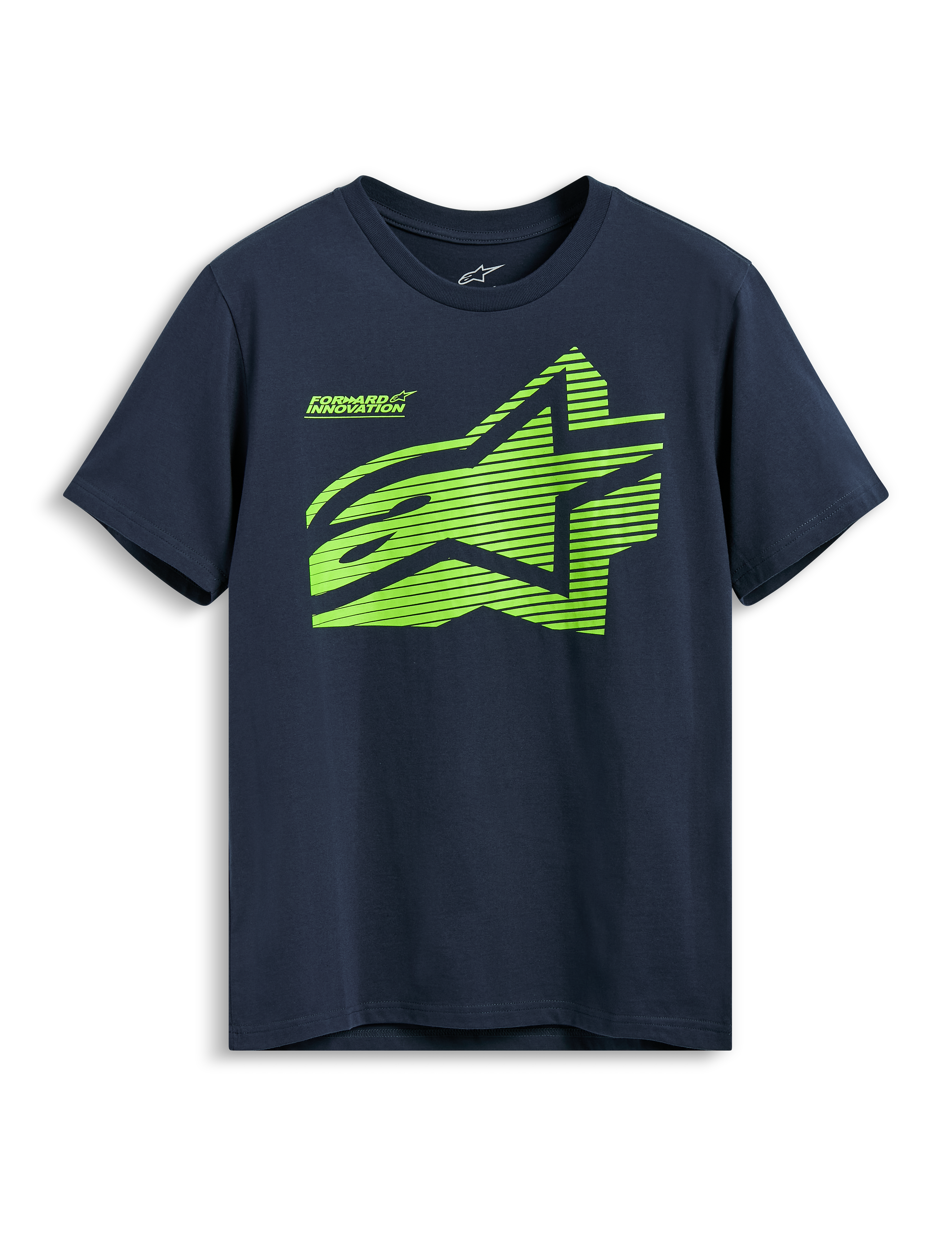 Alpinestars Fasting CSF Tee, Short Sleeve T-Shirt, Navy Blue, Lime Green Geometric Astars Logo with Forward Innovation Text, Casual Sportswear