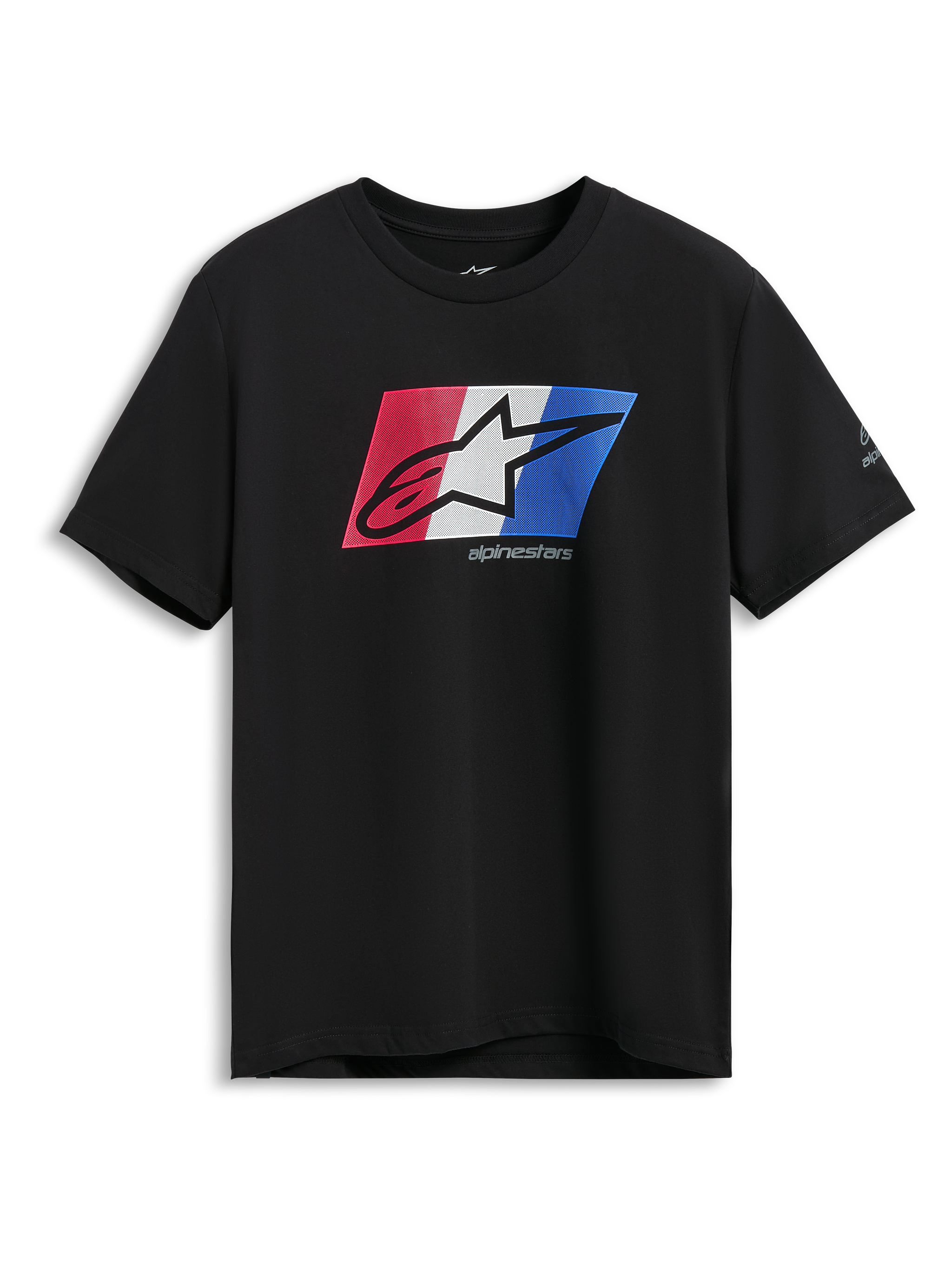 Alpinestars Global CSF Tee, t-shirt à manches courtes, noir, graphique de logo Ageless ombre rouge, blanc et bleu, sportswear décontracté pour les sports mécaniques