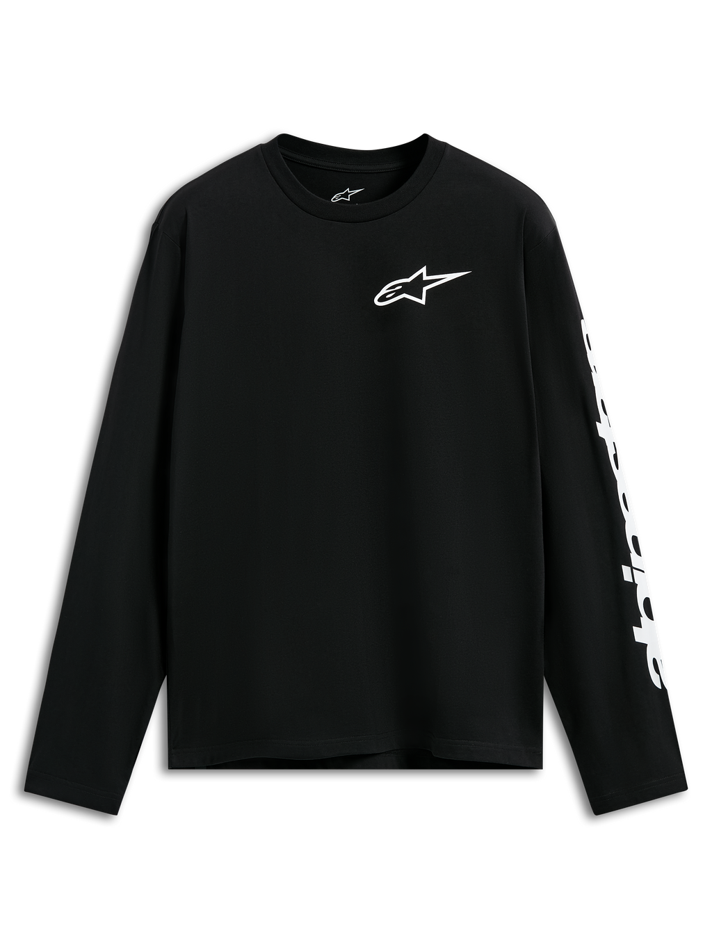 T-shirt Trackside CSF Alpinestars, t-shirt à manches longues, noir, logo Alpinestars blanc sur la poitrine et graphisme sur la manche, style streetwear décontracté inspiré du sport automobile