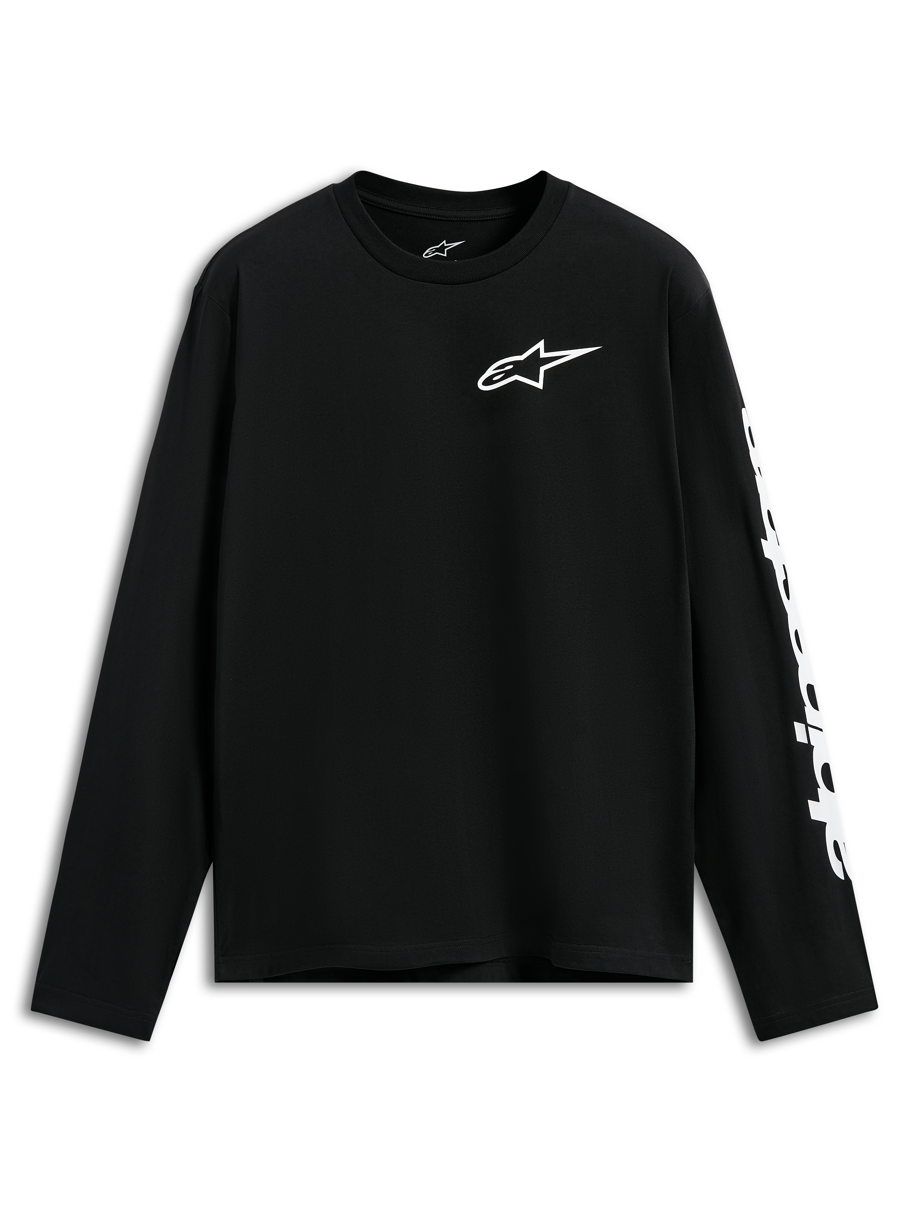T-shirt Trackside CSF Alpinestars, t-shirt à manches longues, noir, logo Alpinestars blanc sur la poitrine et graphisme sur la manche, style streetwear décontracté inspiré du sport automobile