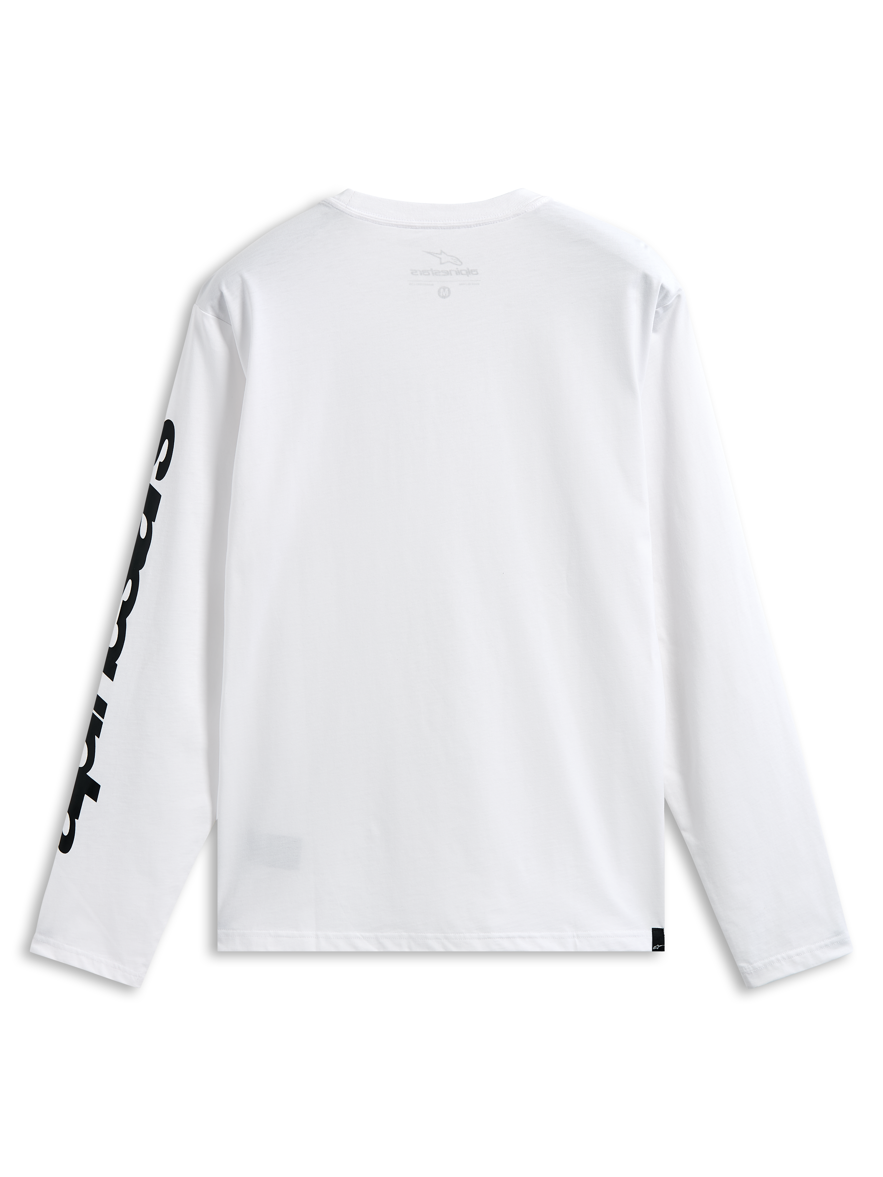 Alpinestars Trackside CSF Tee, t-shirt à manches longues, blanc et noir, vue de dos montrant un graphisme noir audacieux sur la manche, streetwear décontracté inspiré des sports mécaniques