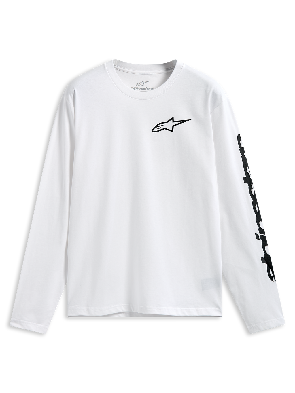 T-shirt Alpinestars Trackside CSF, t-shirt à manches longues, blanc, logo Alpinestars noir sur la poitrine et lettrage sur la manche, sportswear décontracté pour le sport automobile