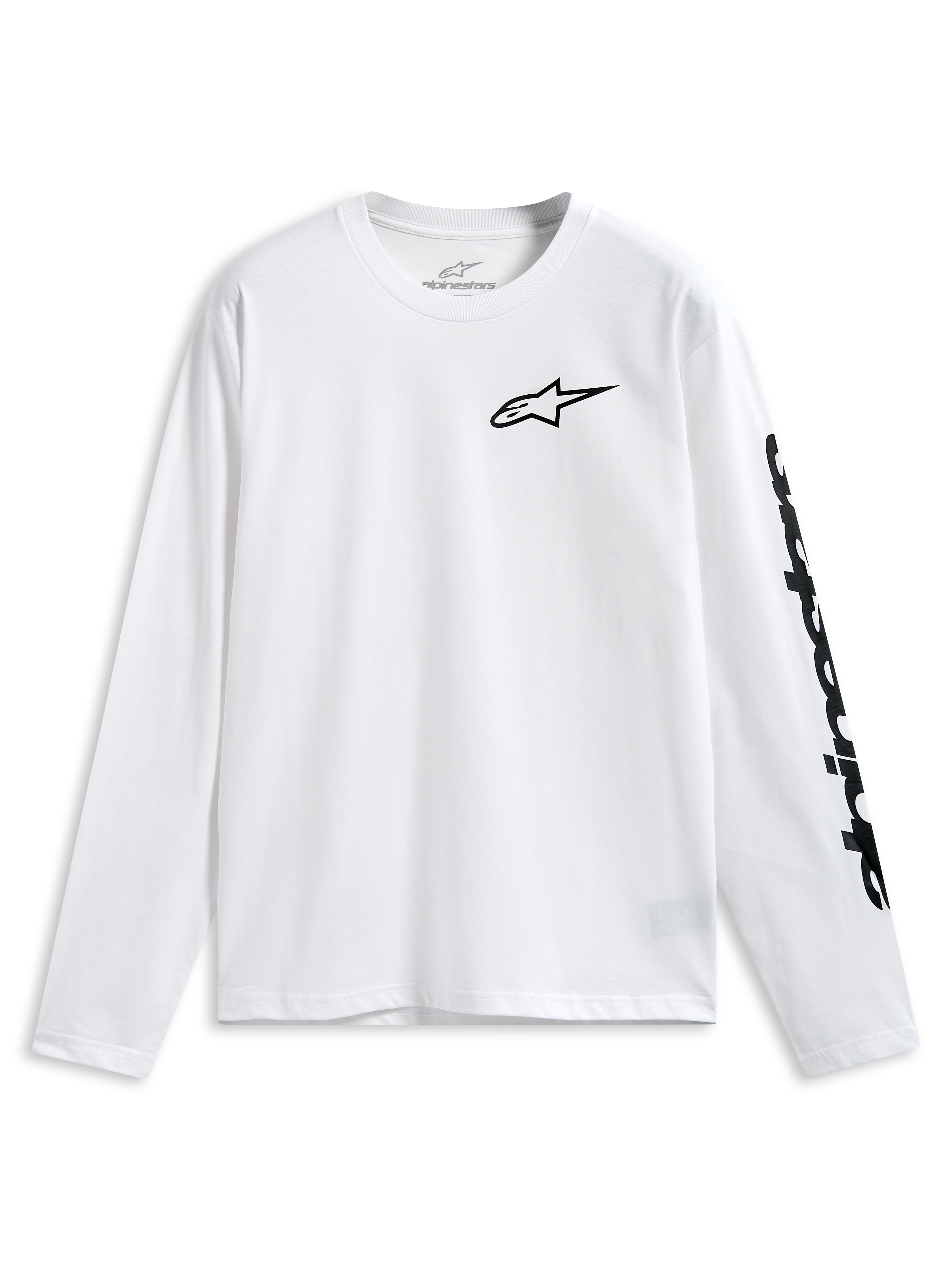 T-shirt Alpinestars Trackside CSF, t-shirt à manches longues, blanc, logo Alpinestars noir sur la poitrine et lettrage sur la manche, sportswear décontracté pour le sport automobile