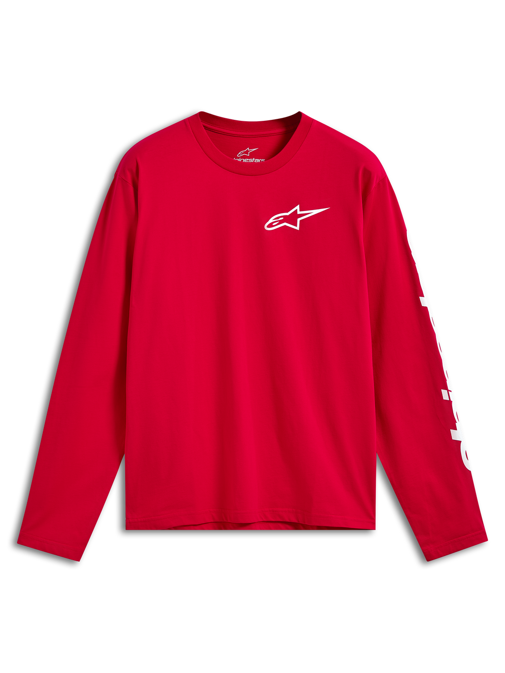 Alpinestars Trackside CSF Tee, t-shirt à manches longues, rouge avec logo Ride 4.0 blanc sur la poitrine et marquage blanc sur la manche, vêtement sportswear décontracté pour les sports mécaniques