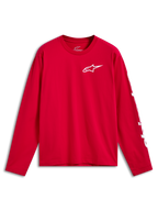 Alpinestars Trackside CSF Tee, t-shirt à manches longues, rouge avec logo Ride 4.0 blanc sur la poitrine et marquage blanc sur la manche, vêtement sportswear décontracté pour les sports mécaniques