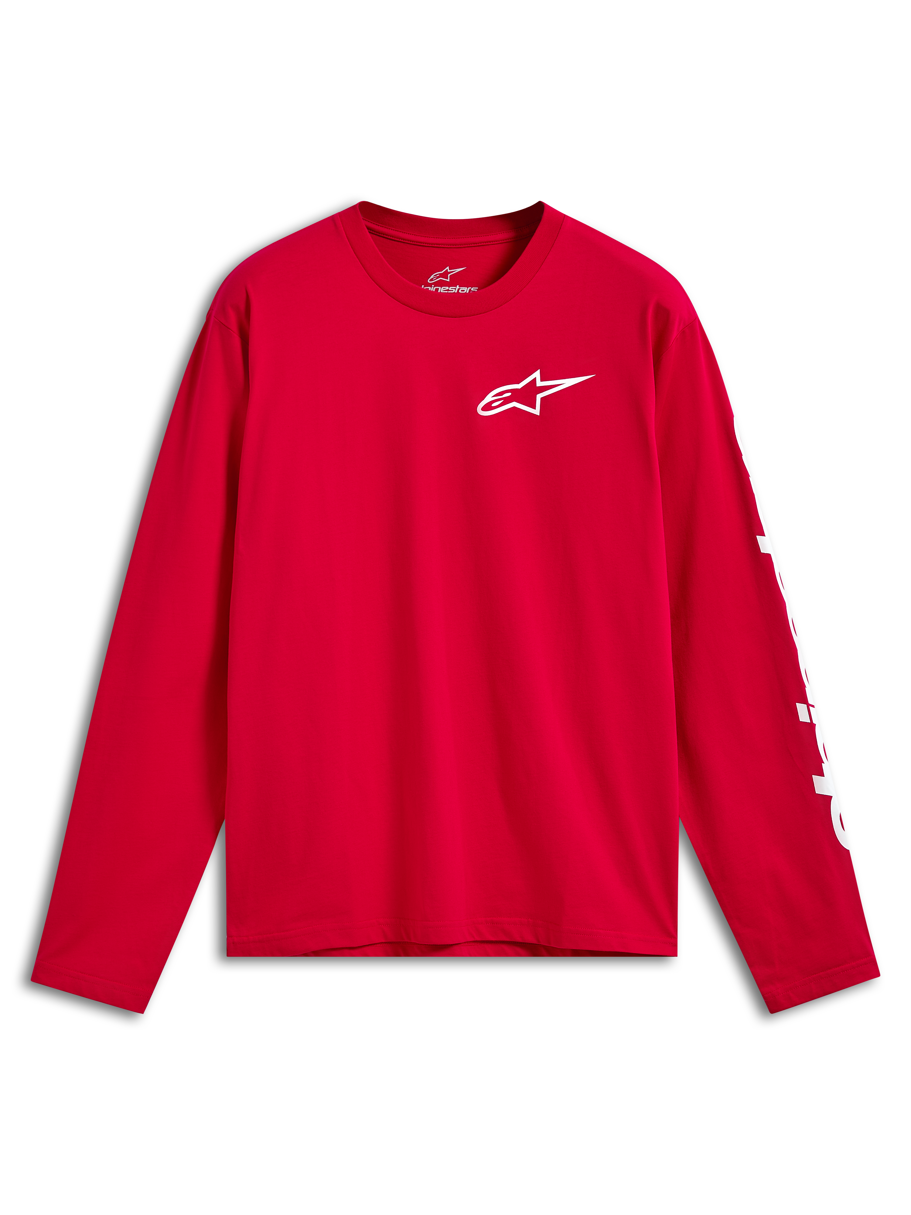 Alpinestars Trackside CSF Tee, t-shirt à manches longues, rouge avec logo Ride 4.0 blanc sur la poitrine et marquage blanc sur la manche, vêtement sportswear décontracté pour les sports mécaniques