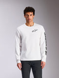 Alpinestars Trackside CSF Tee, t-shirt à manches longues blanc, logo Alpinestars noir sur la poitrine et marquage sur la manche, style streetwear décontracté motorsport, vue de face